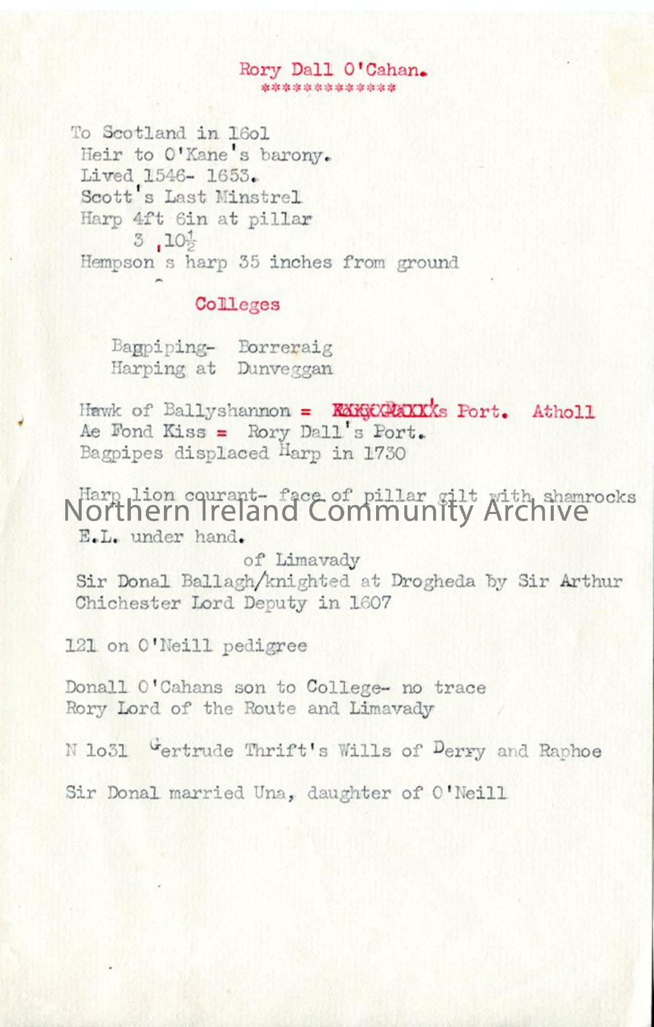 Typed Notes Re Rory Dall O Cahan S Music And Lineage Ni Archive