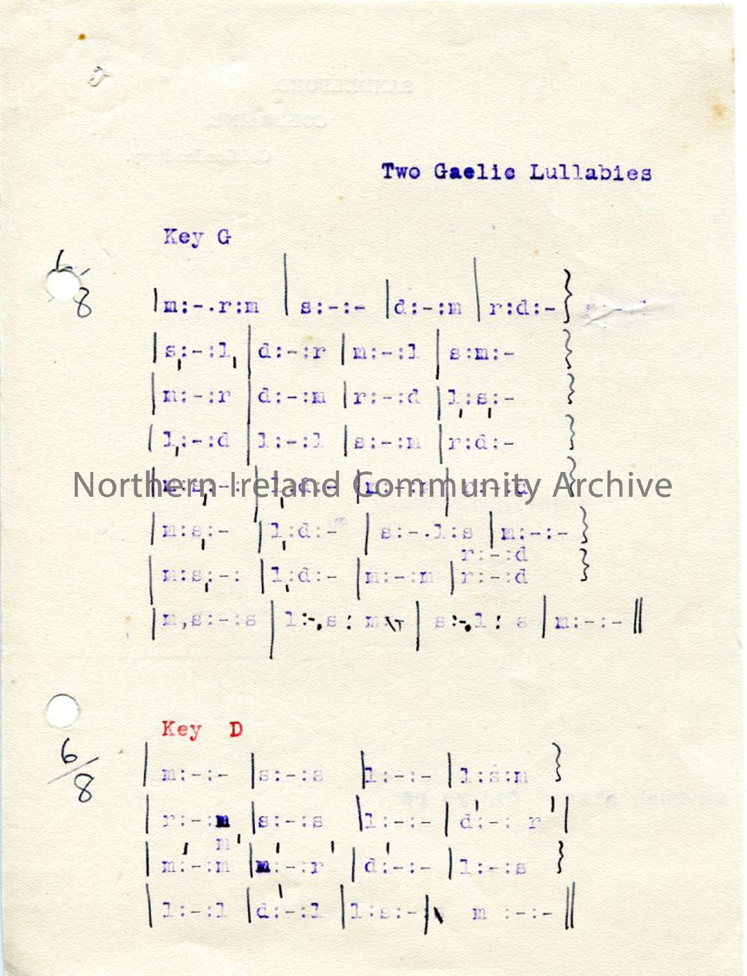 Tonic solfa notation to ‘Two Gaelic Lullabies’ NI Archive