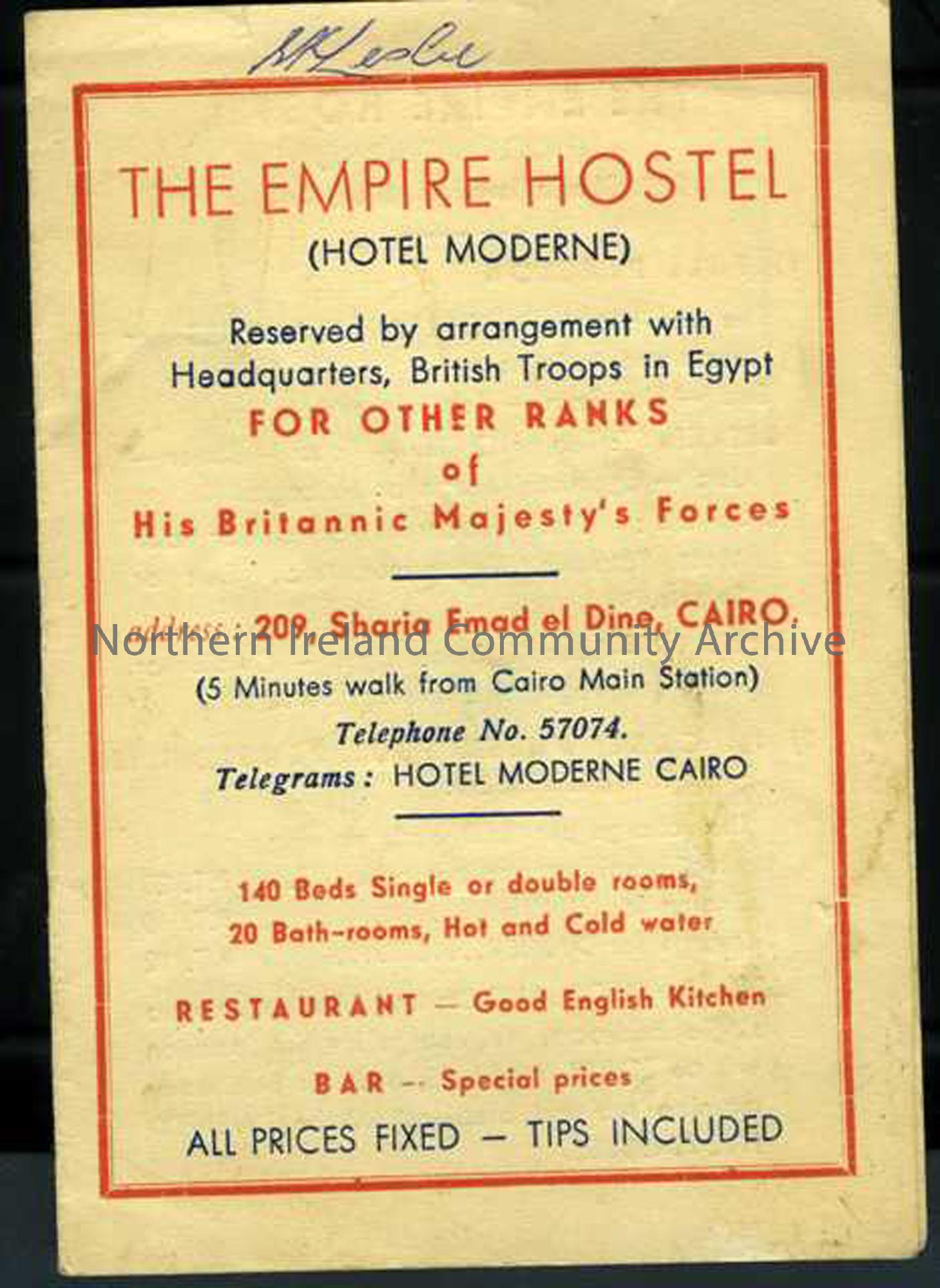 Empire Hostel advertisement card