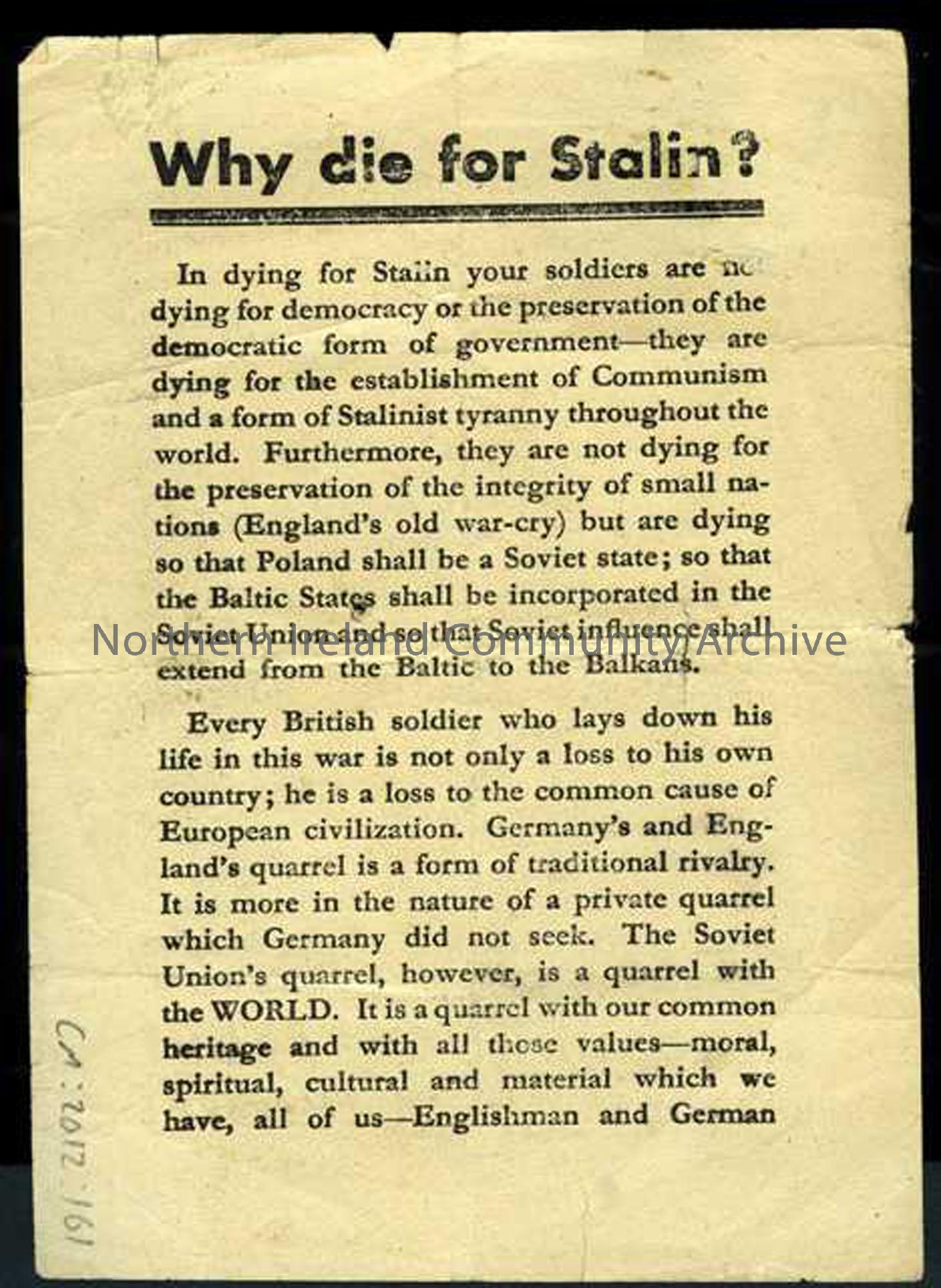 ‘Why Die For Stalin?’ leaflet