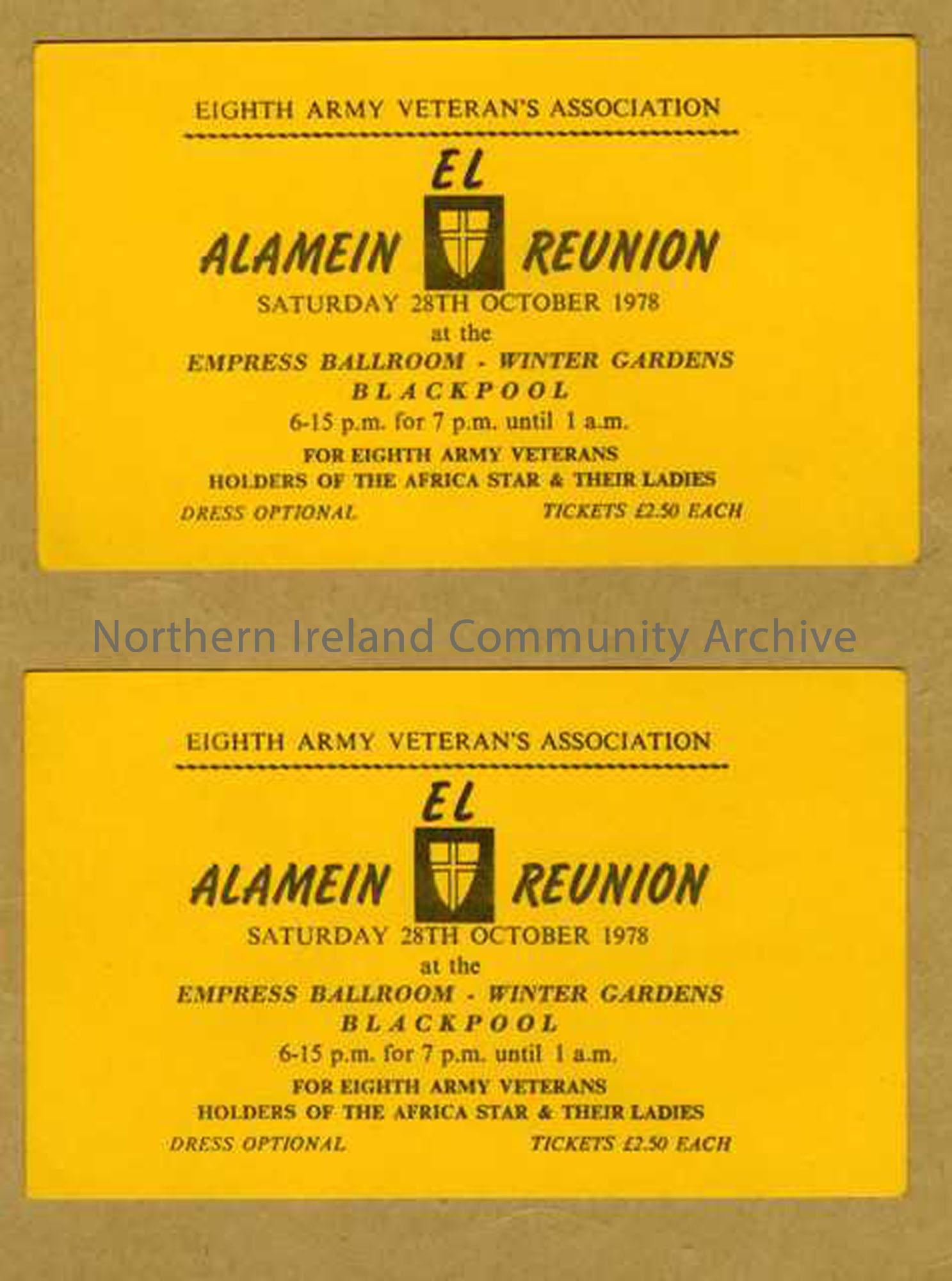 Alamein soldiers reunion ticket for Saturday 28th October 1978