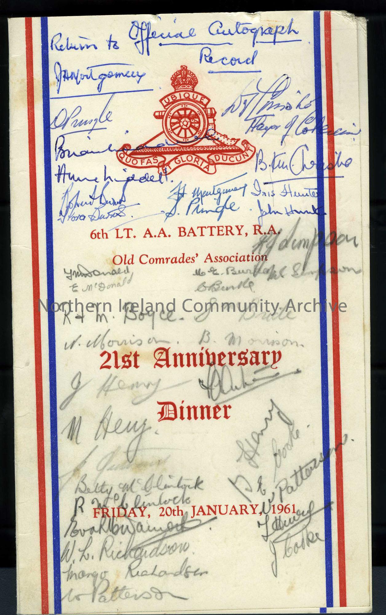 21st anniversary dinner leaflet with signatures
