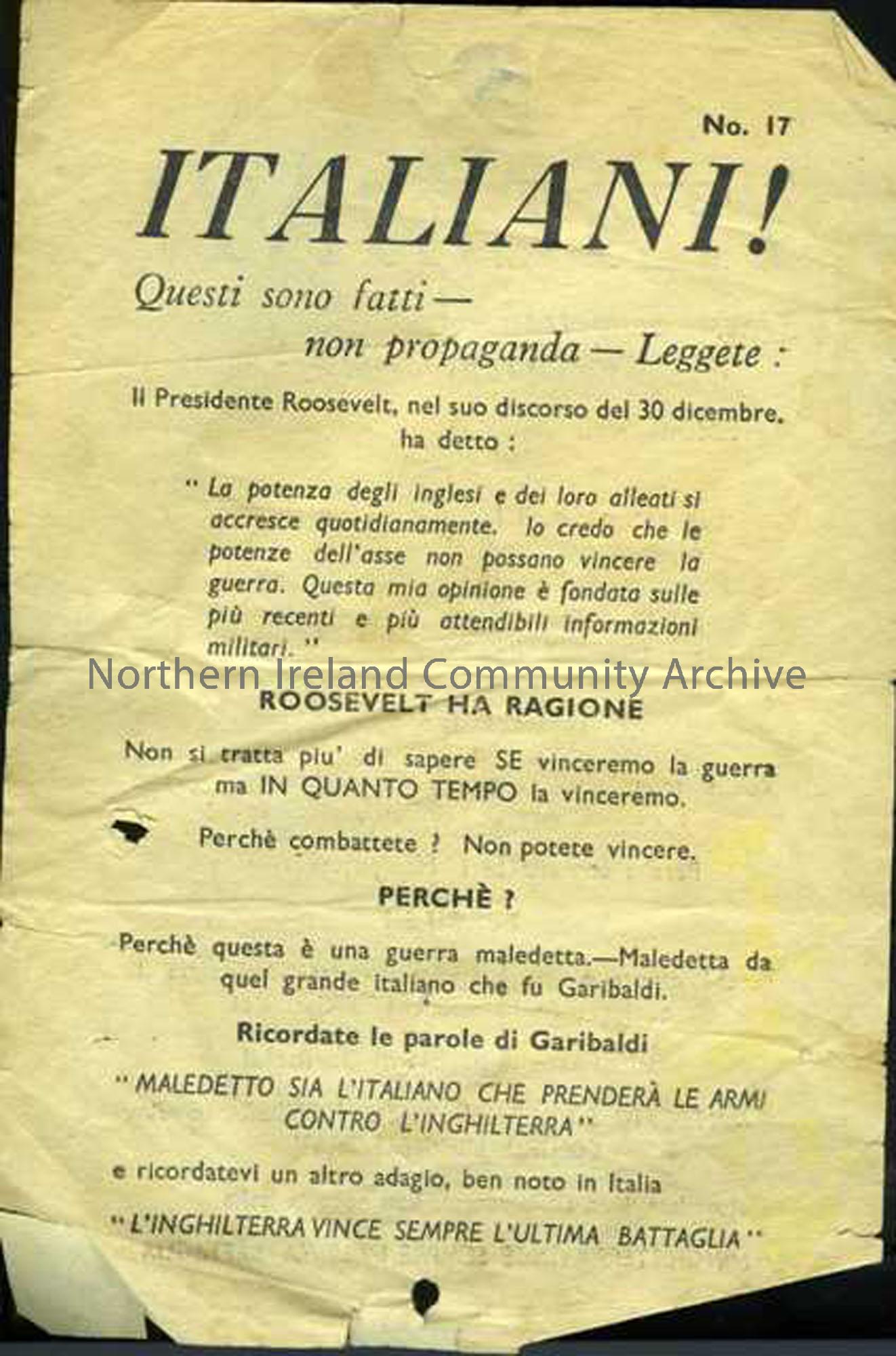 Information leaflet for soldiers in Italian