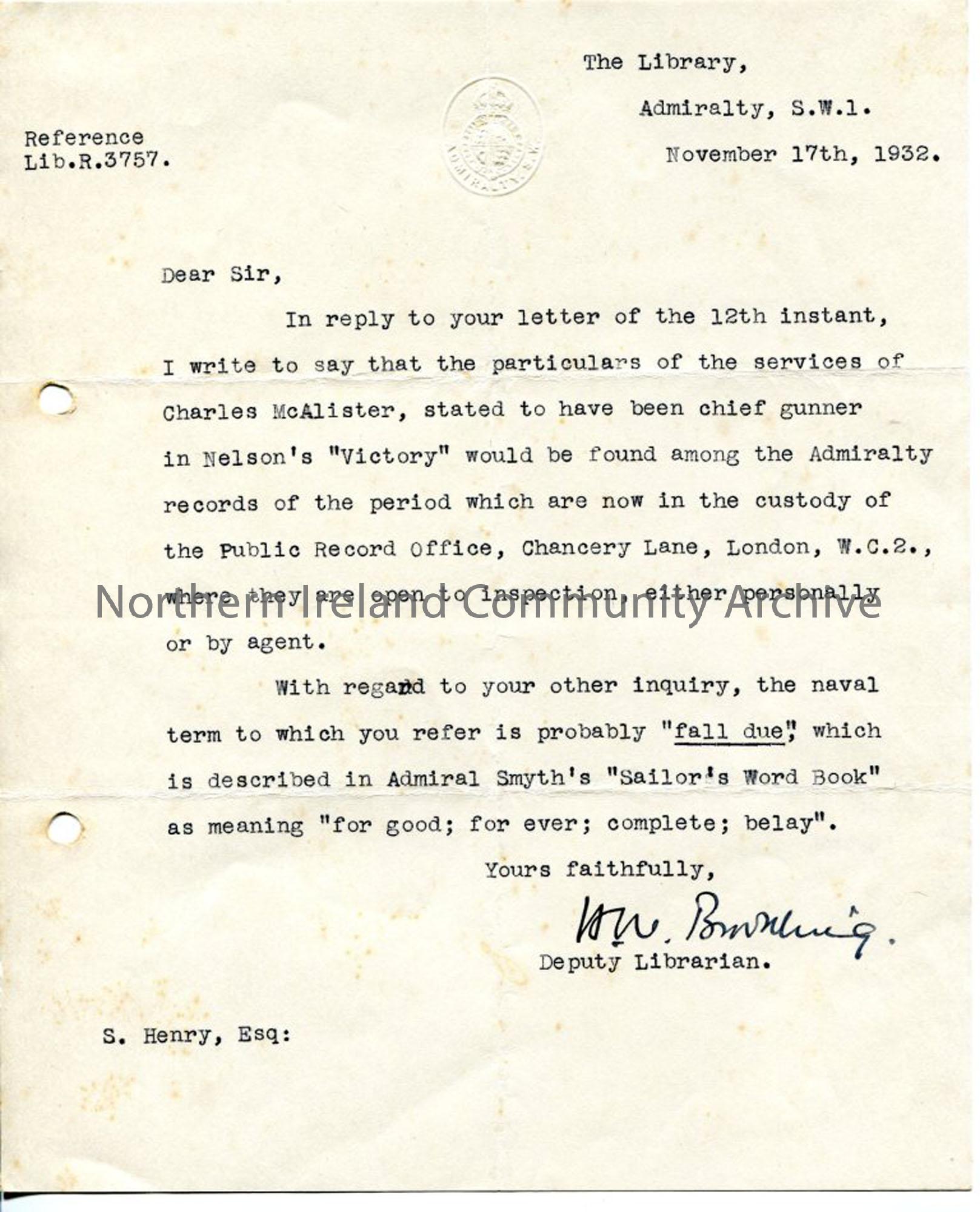Letter from H. W. Browning, 17.11.1932