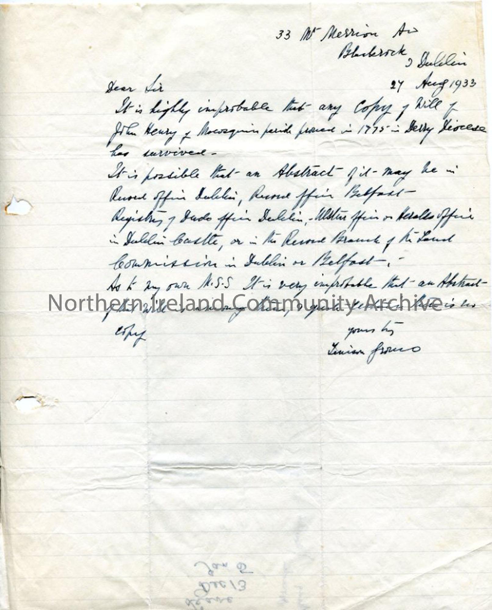 Letter from Tenison Groves, 27.8.1933