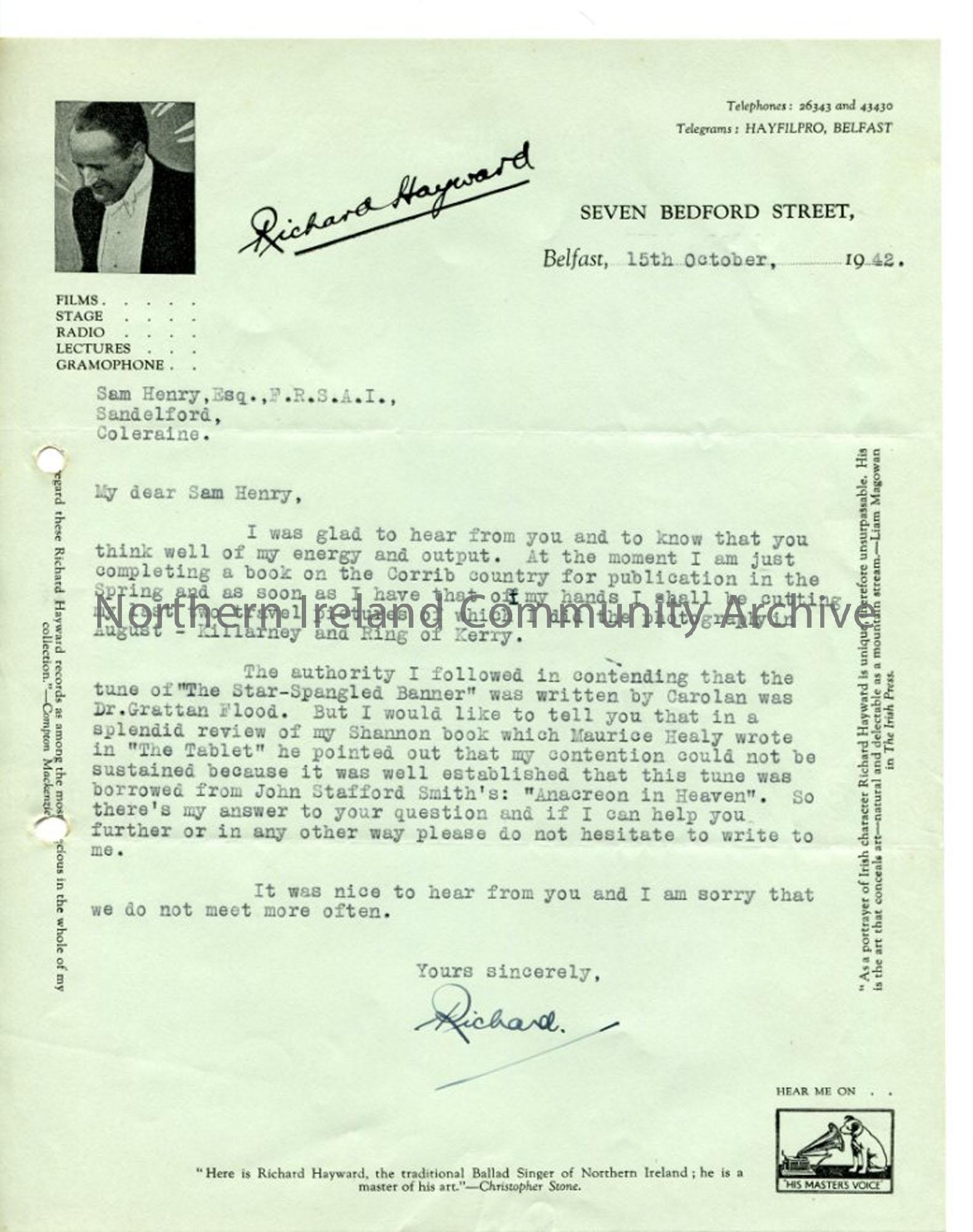 Letter from Richard Hayward, 15.10.1942