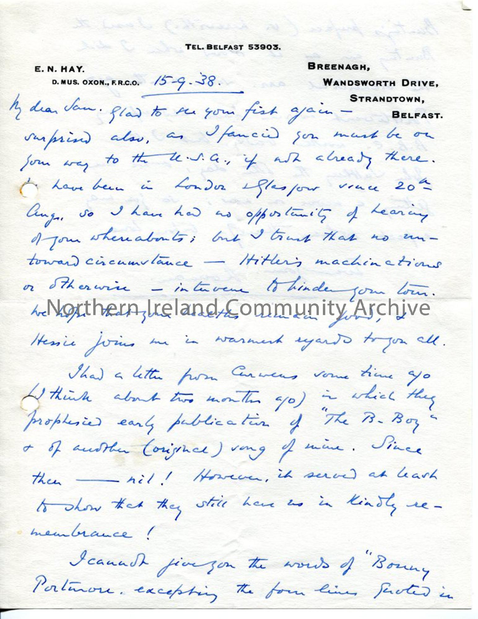 Page 1 of 2 – Letter from Norman Hay, 15.9.1938