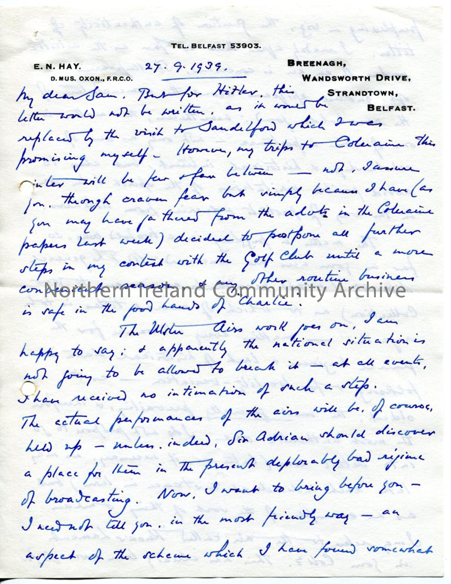 Page 1 of 8 – Letter from Norman Hay, 27.9.1939