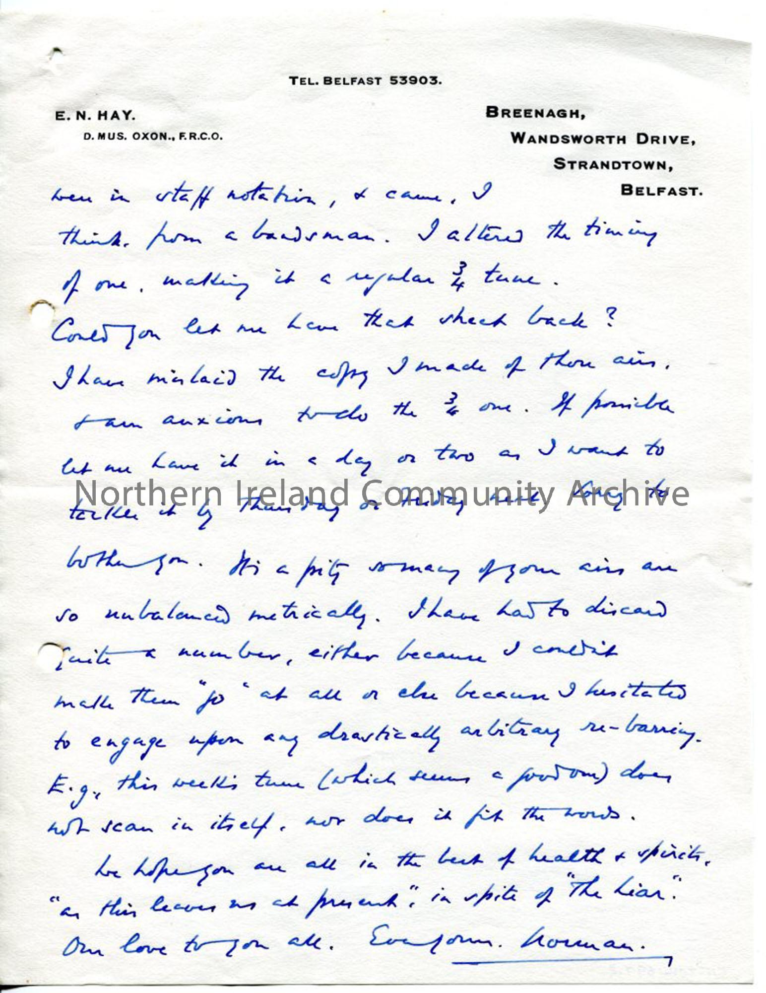 Page 3 of 3 – Letter from Norman Hay, no date recorded