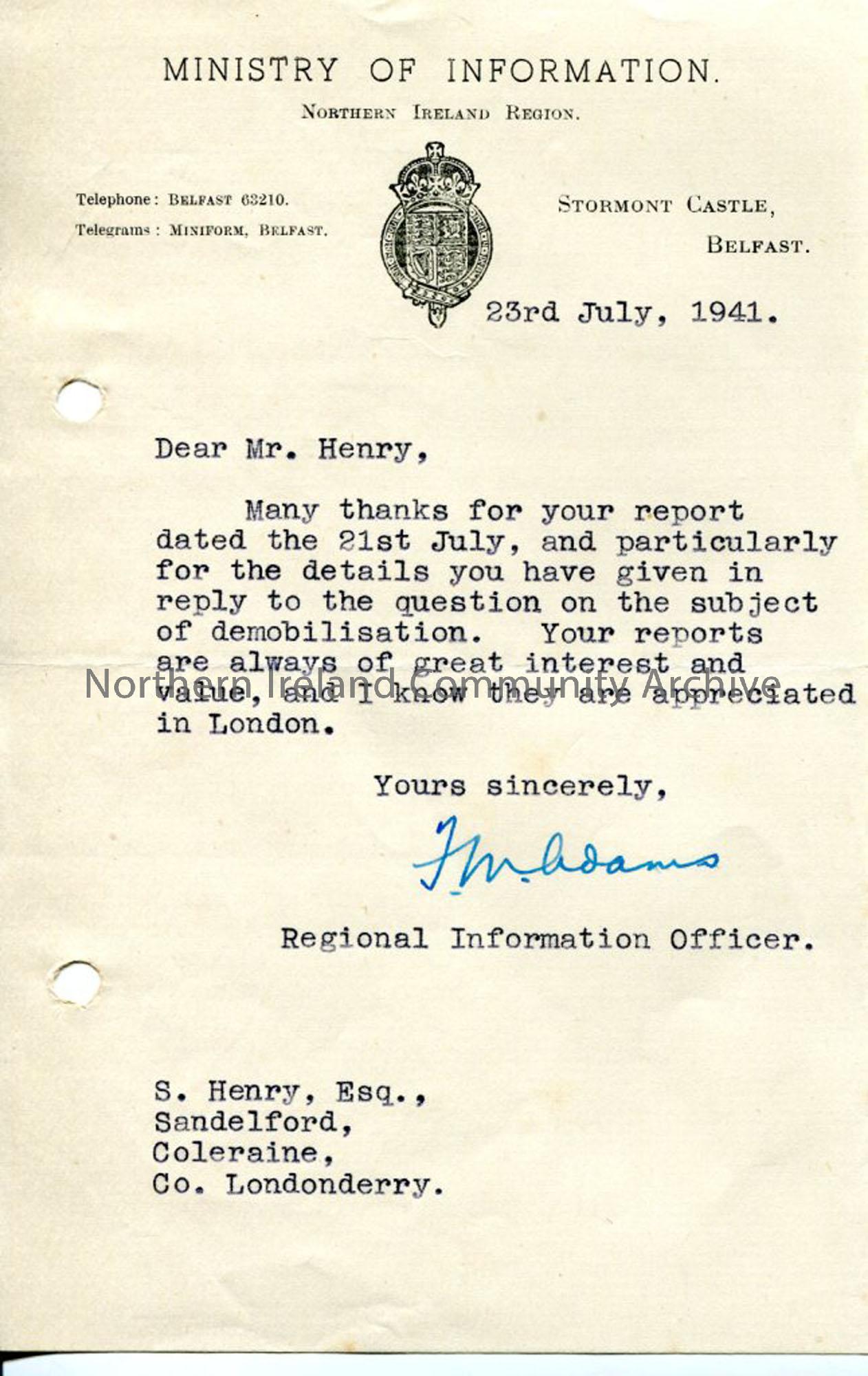 Letter from Ministry of Information to Sam Henry