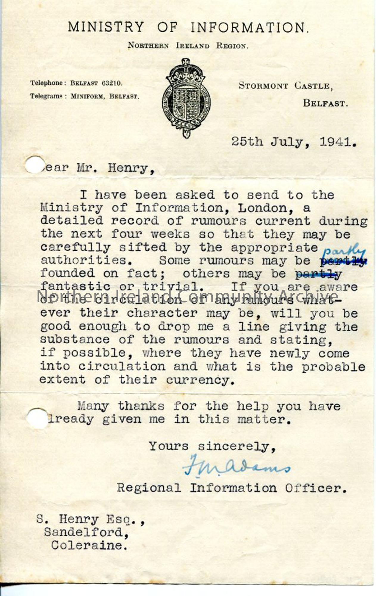 Letter from Ministry of Information to Sam Henry (3286)