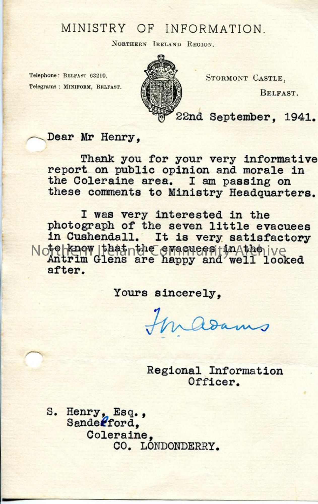 Letter from Ministry of Information to Sam Henry (5217)