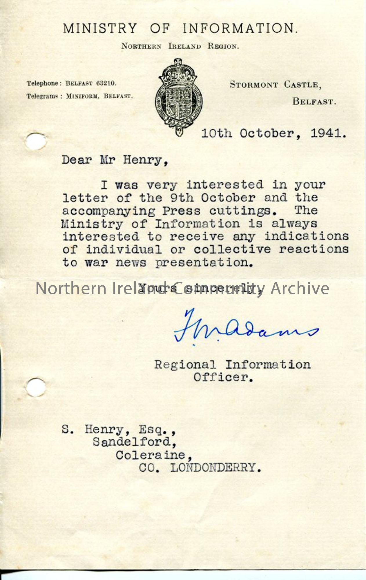 Letter from Ministry of Information to Sam Henry (3267)