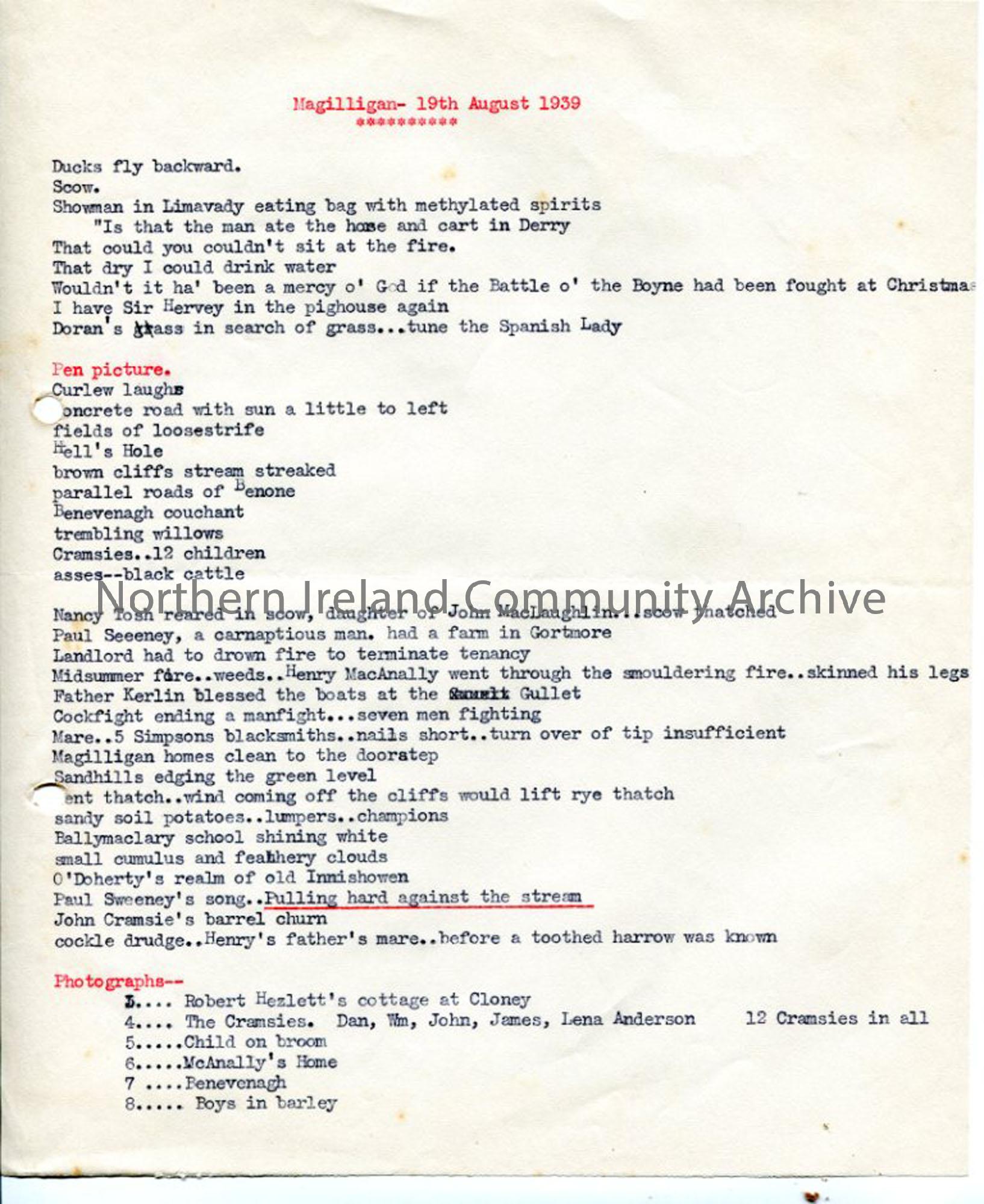 Typed notes- ‘Magilligan 19th August 1939’