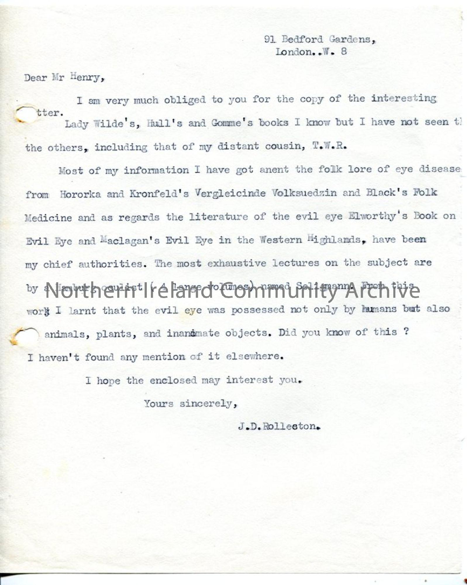 Typed letter from J.D Rolleston to Sam Henry