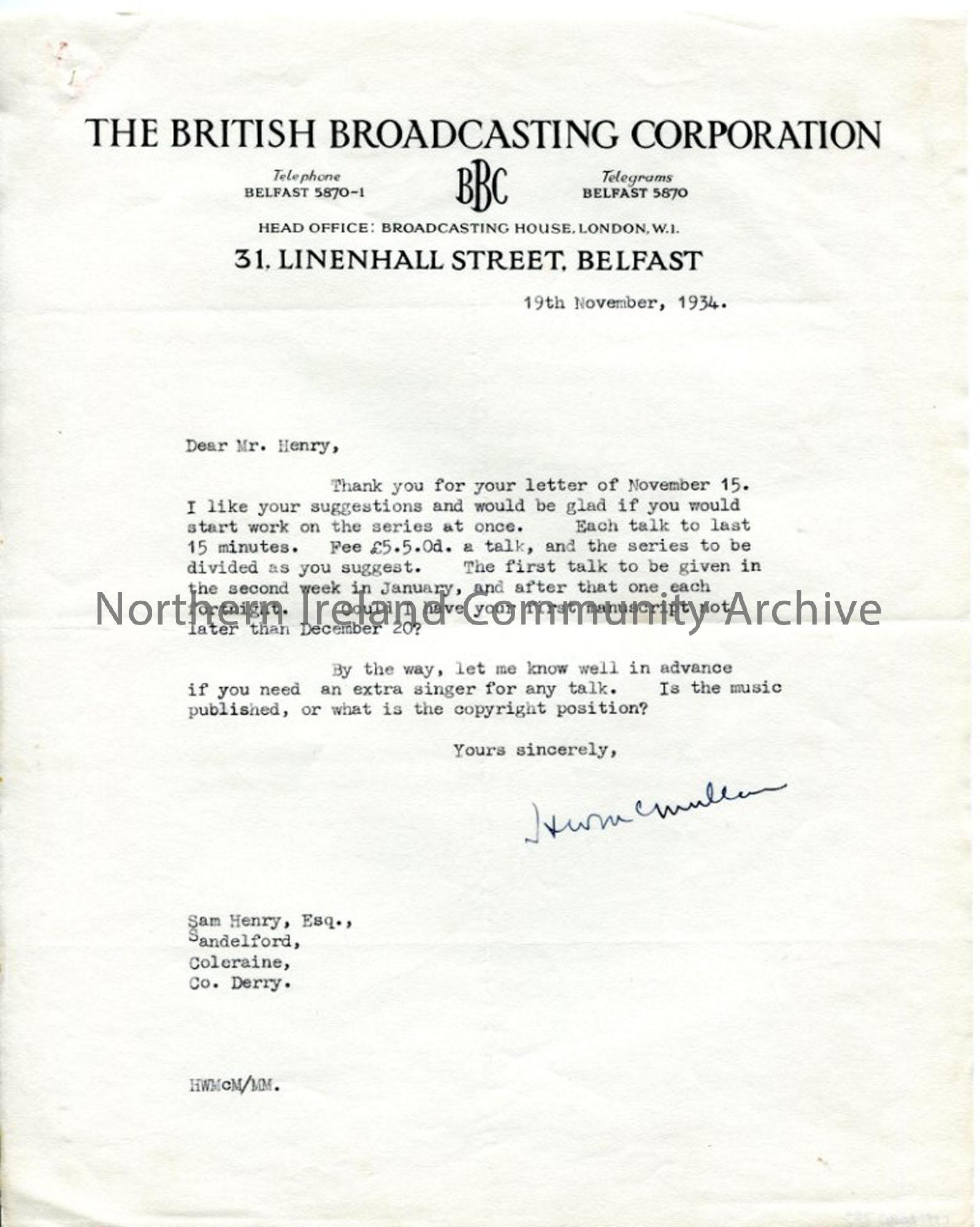 Letter from BBC re ‘Ulster’s Heritage of Song’