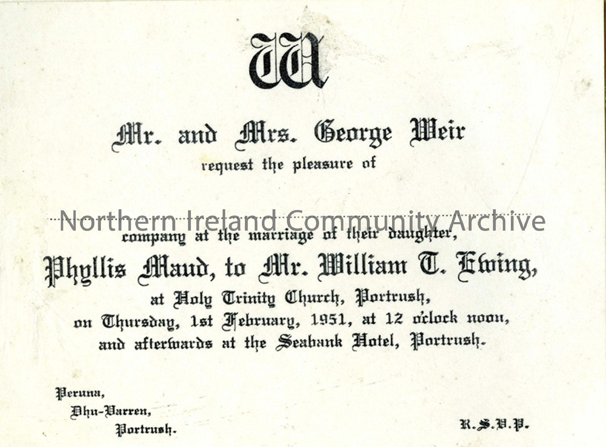 Invitation to the Wedding of Phyllis Weir and William Ewing