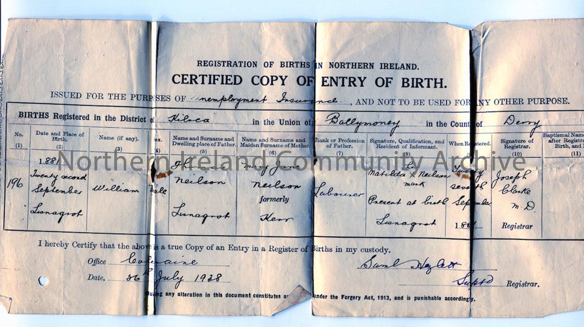 Birth certificate of William Nelson, 1881