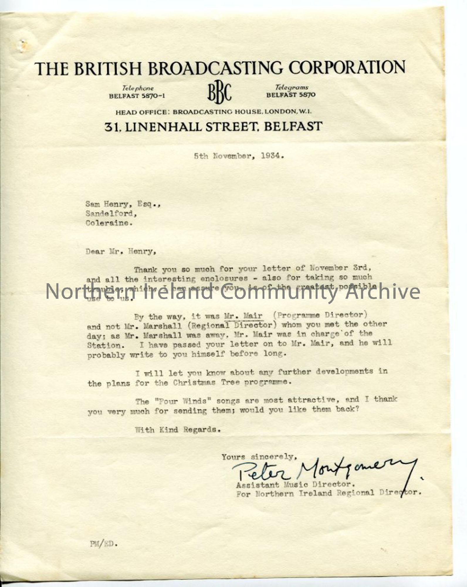 Letter from Peter Montgomery of the BBC, dated 5.11.1934