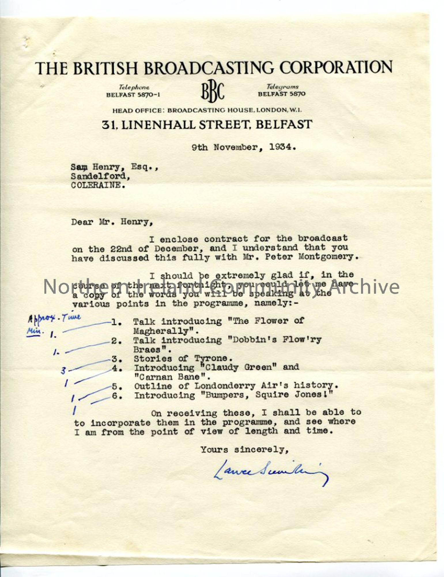 Letter from Lance Sieveking of the BBC, dated 9.11.1934