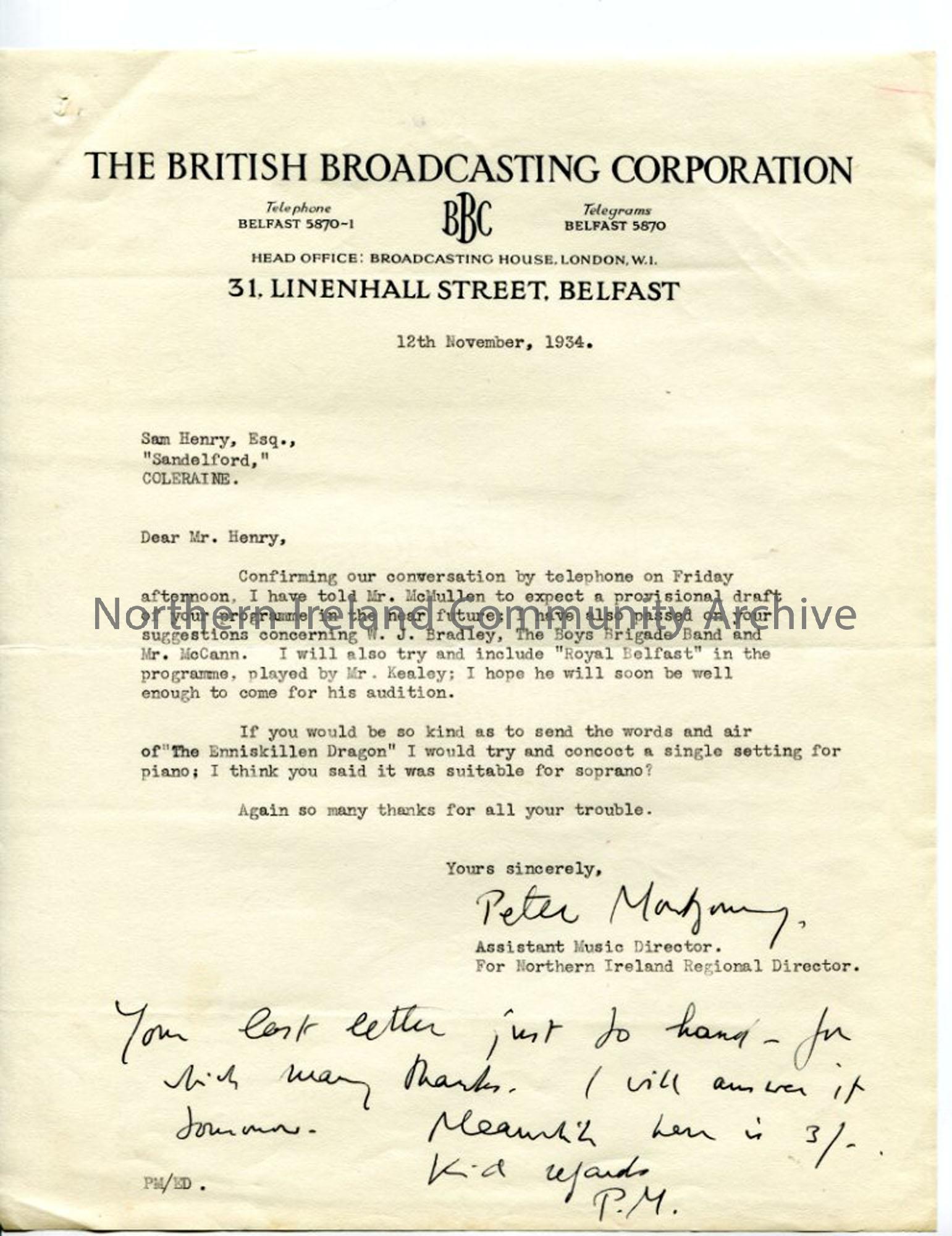 Letter from Peter Montgomery of the BBC, dated 12.11.1934