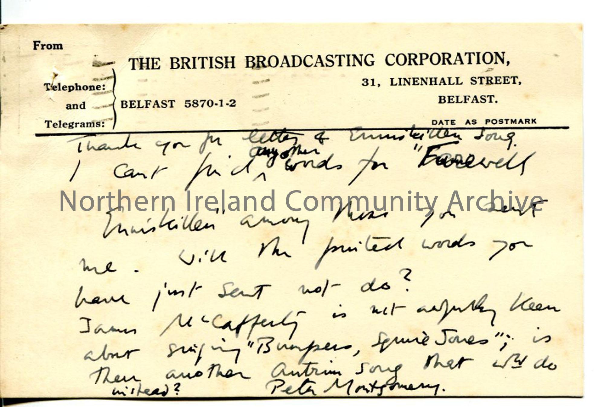 Postcard from Peter Montgomery of the BBC, dated 15.11.1934