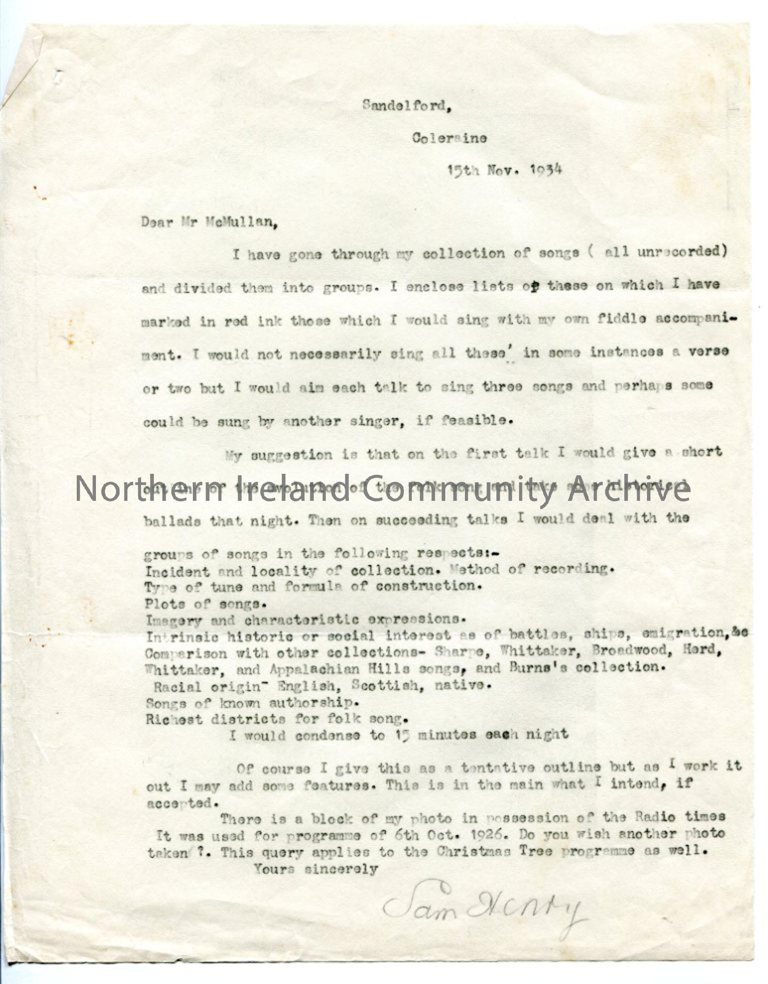 Letter to Mr McMullan of the BBC, dated 15.11.1934