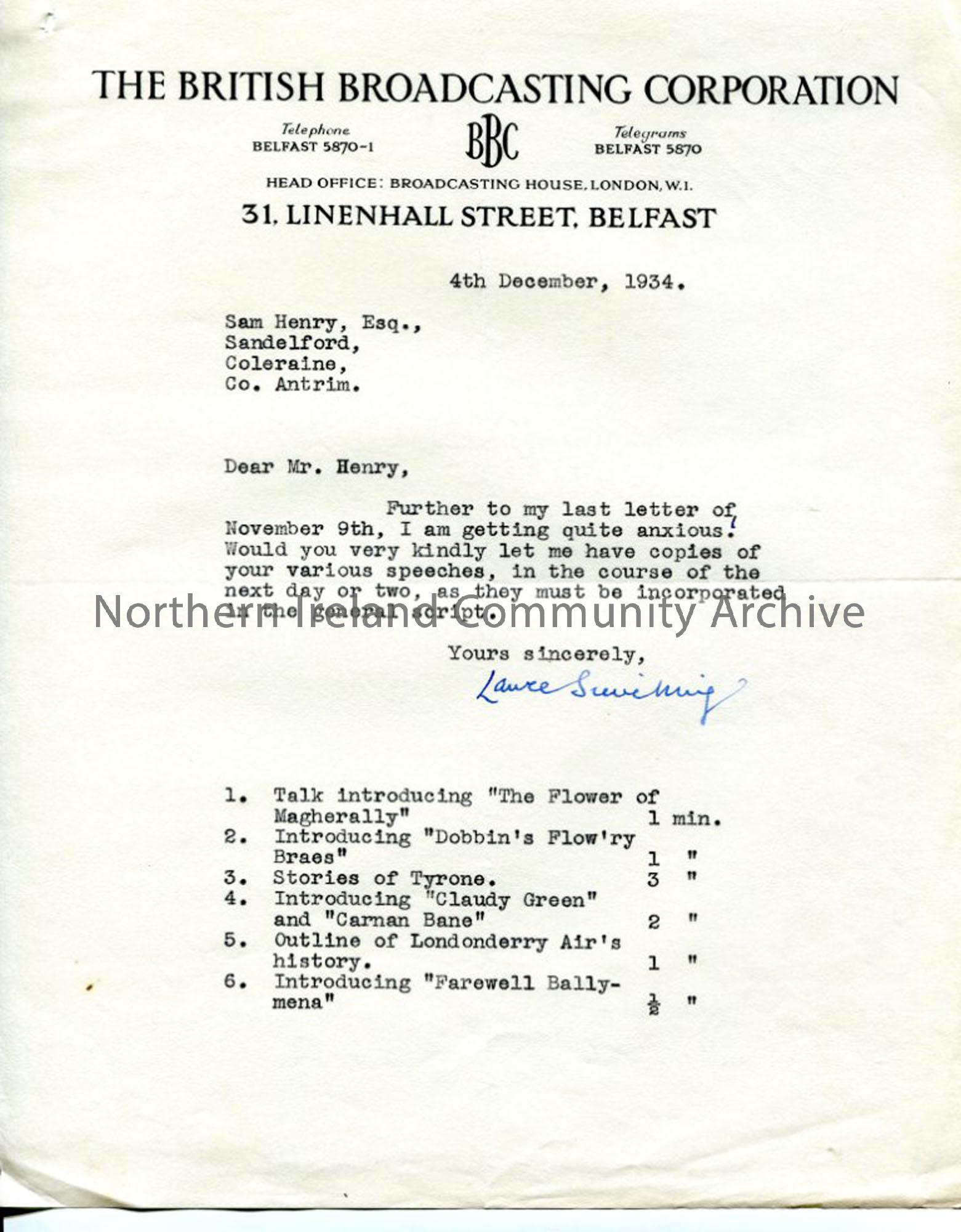Letter from Lance Sieveking of the BBC, dated 4.12.1934