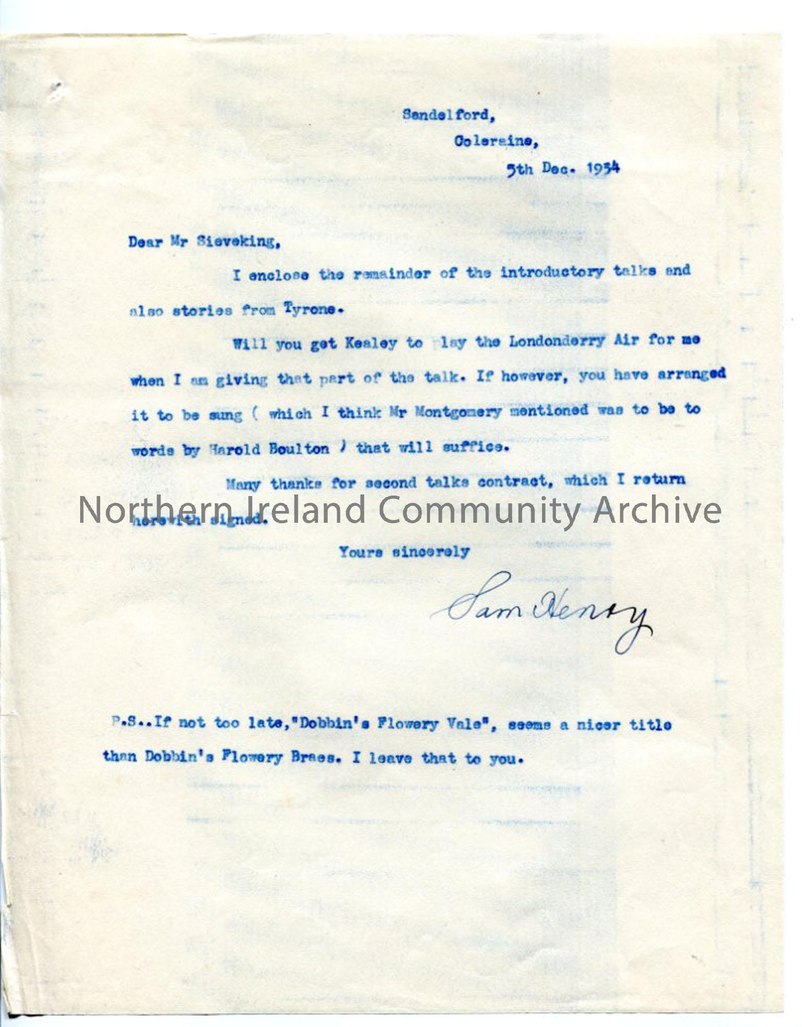 Letter to Lance Sieveking from Sam Henry, dated 5.12.1934