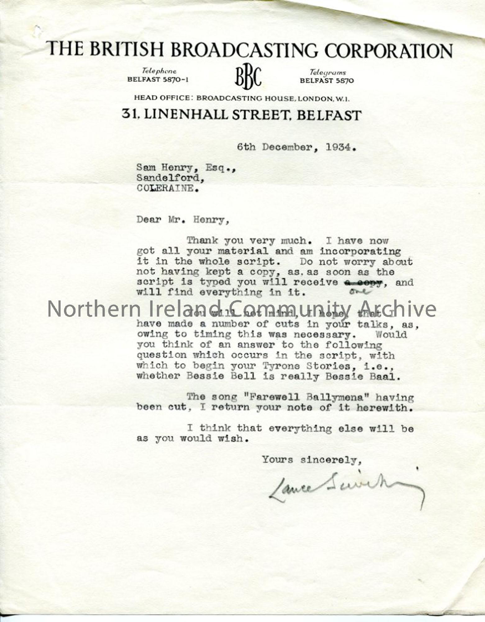 Letter from Lance Sieveking, dated 6.12.1934
