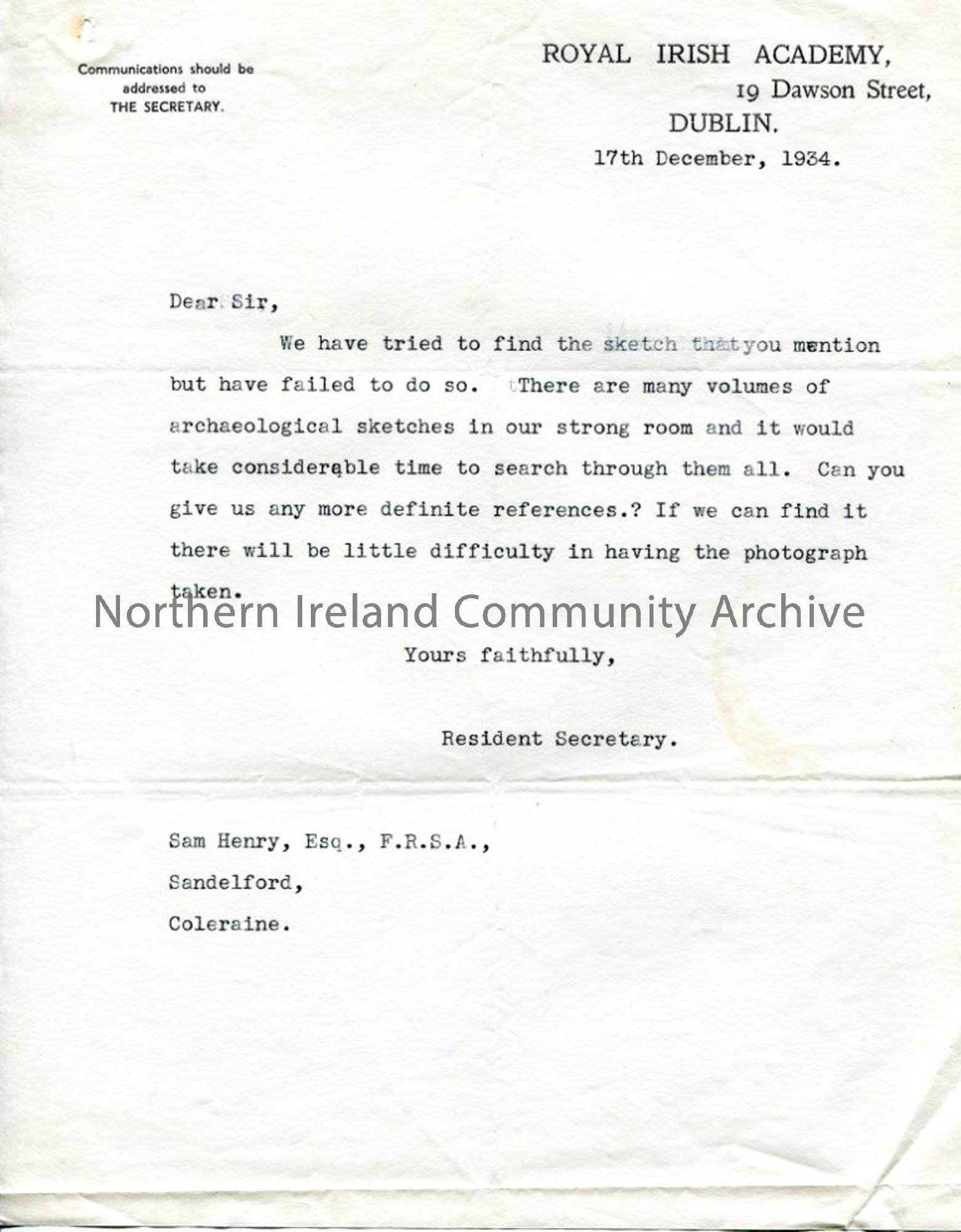 Letter on Royal Irish Academy headed paper, dated 17.12.1934