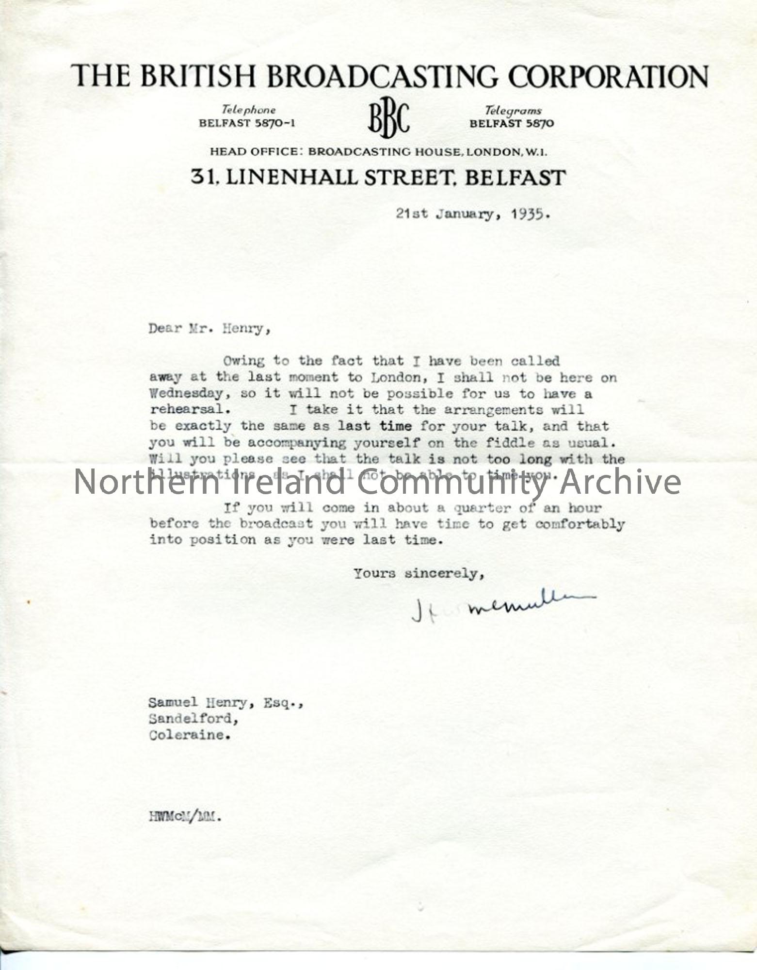 Letter from H W McMullan, dated 21.1.1935