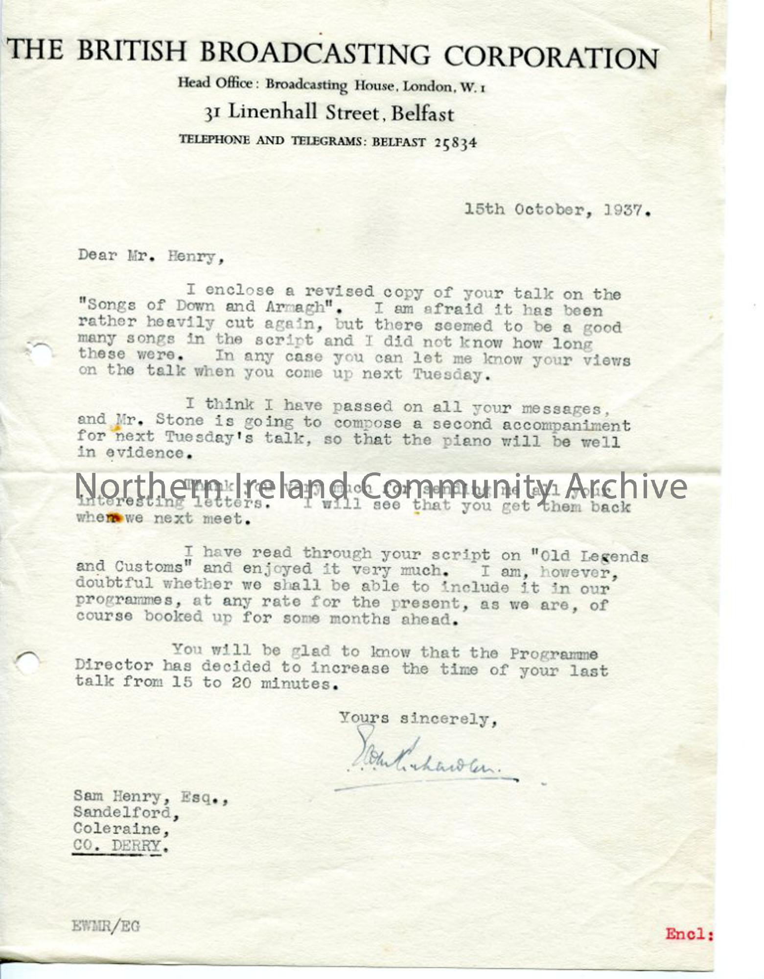 Letter from the BBC, dated 15.10.1937
