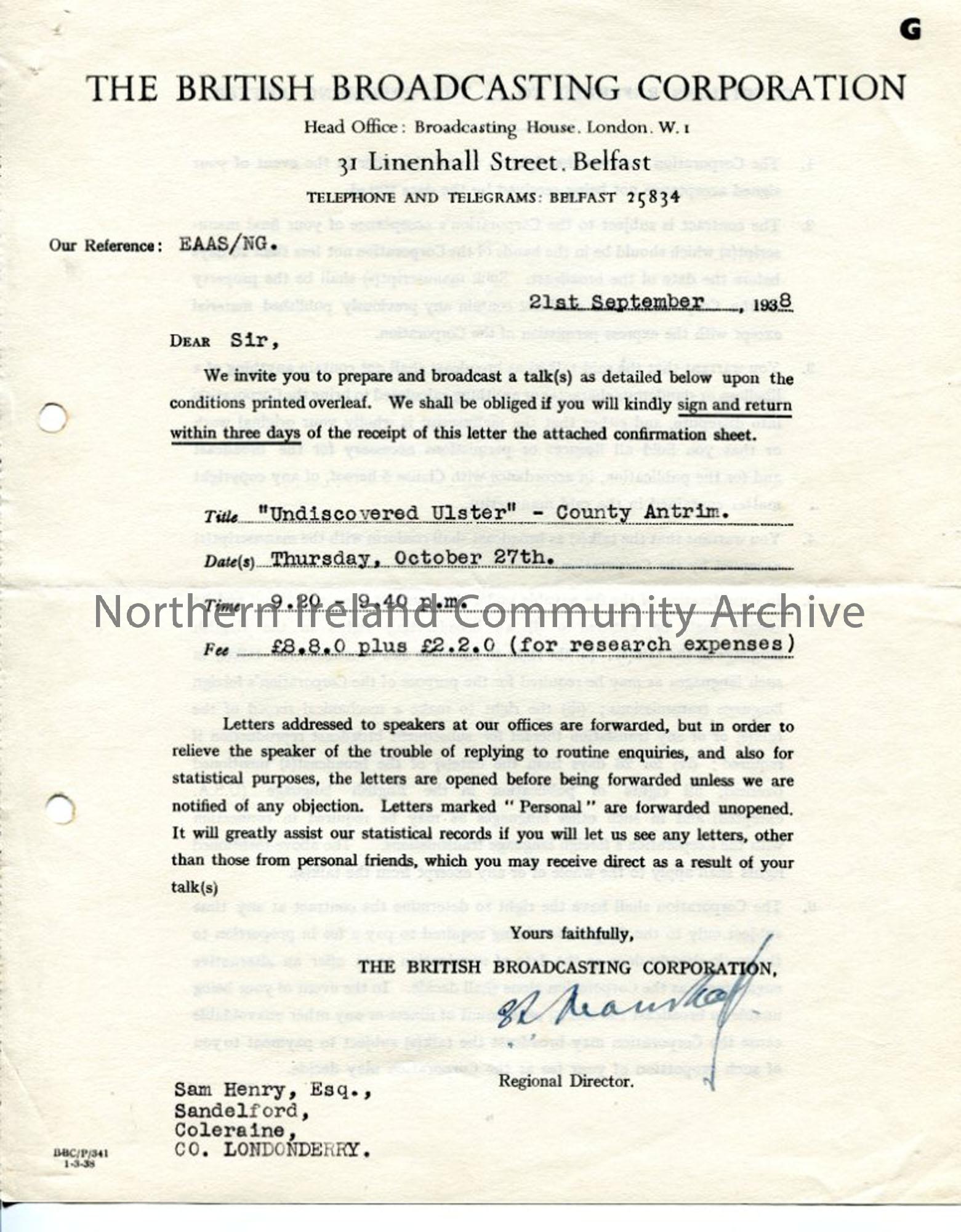Formal Agreement from the BBC, dated 21.9.1938
