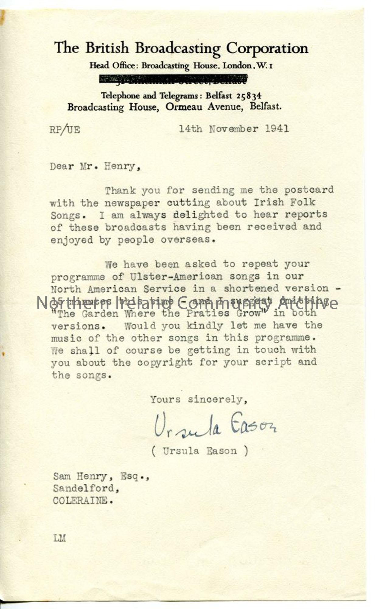 Letter from Ursula Eason, dated 14.11.1941