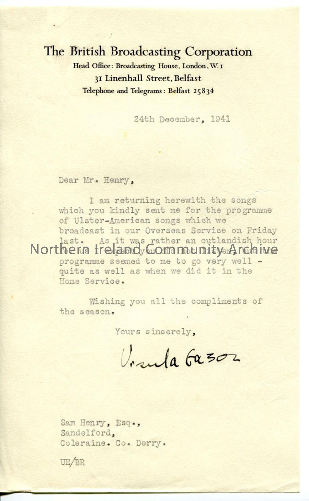 Letter from Ursula Eason, dated 24.12.1941