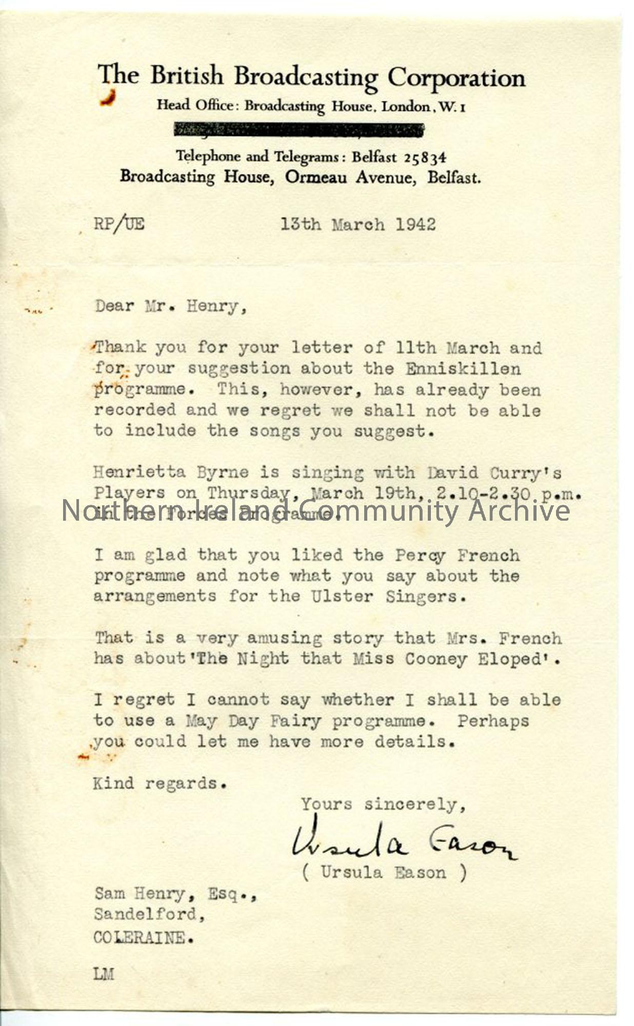 Letter from Ursula Eason, dated 13.3.1942