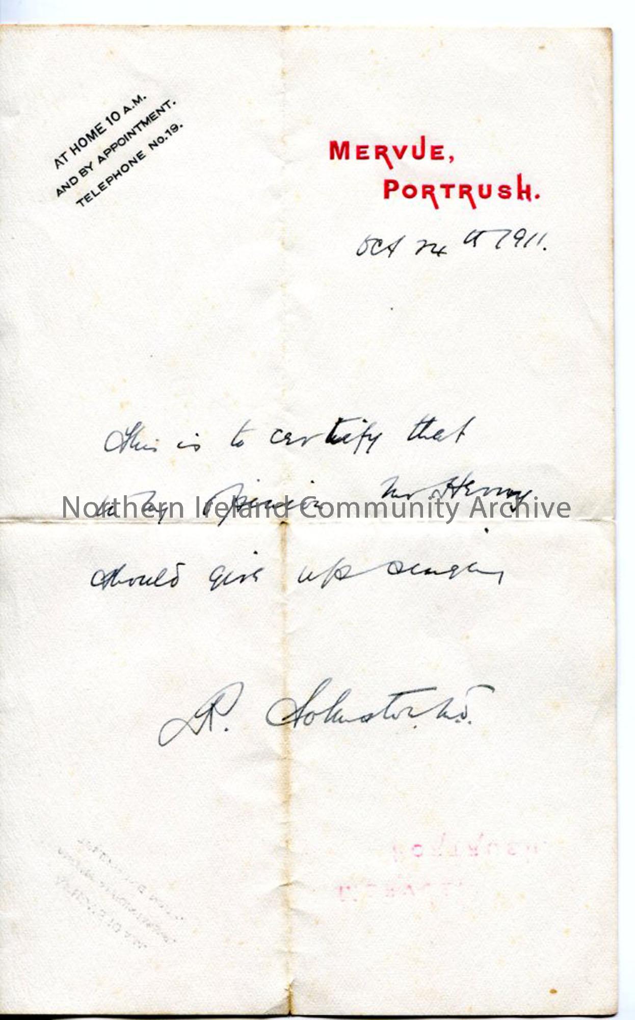 Letter from Dr R Johnston, dated 14.10.1911