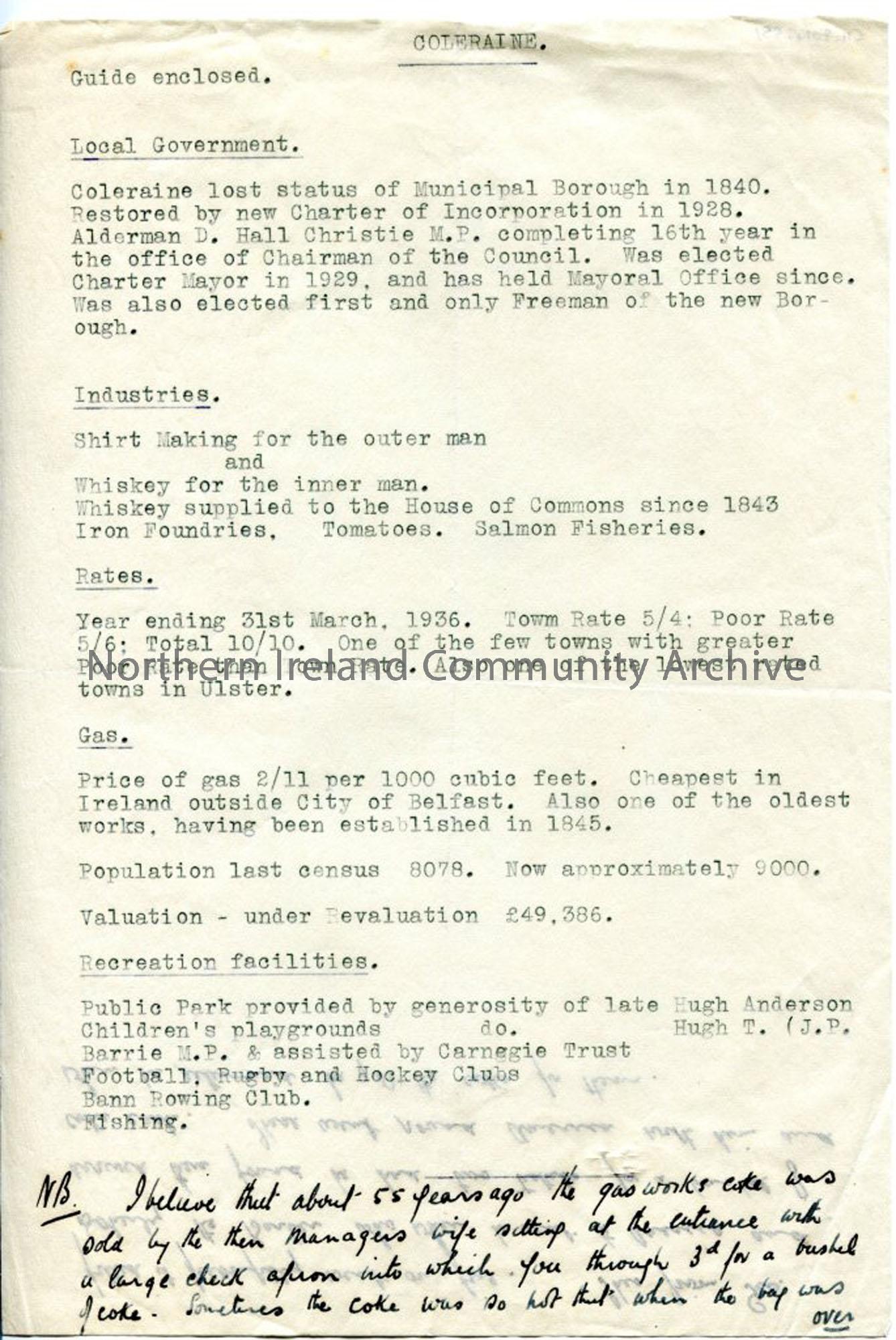 Page 1 of 2 – Notes re: Coleraine