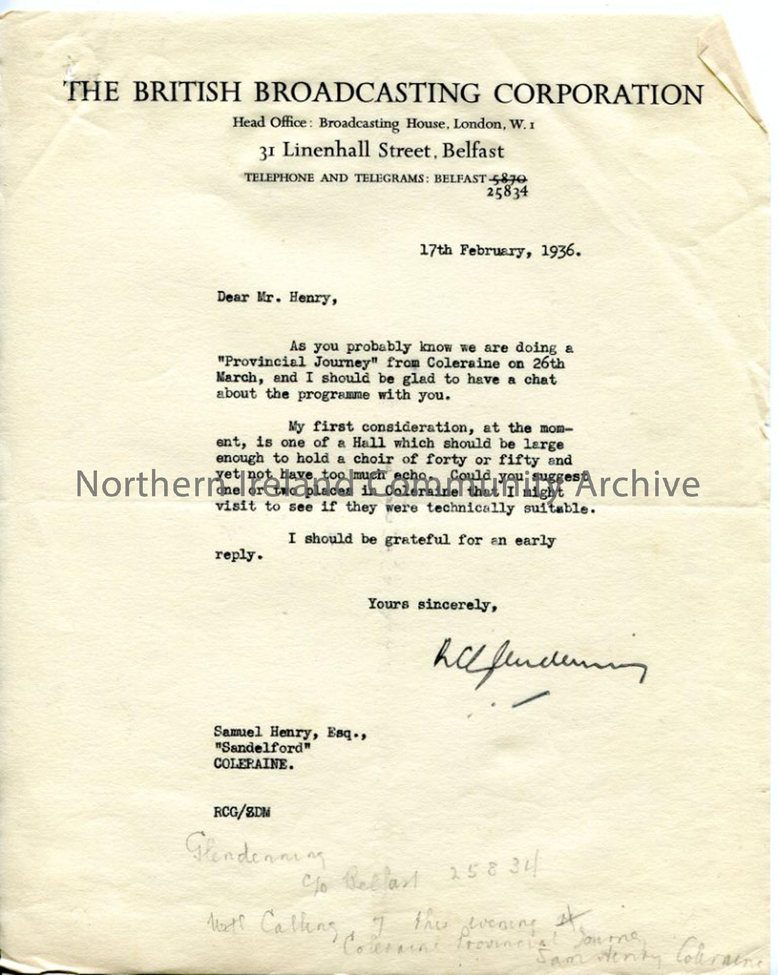 Letter from R C Glendenning of the BBC, dated 17.2.1936