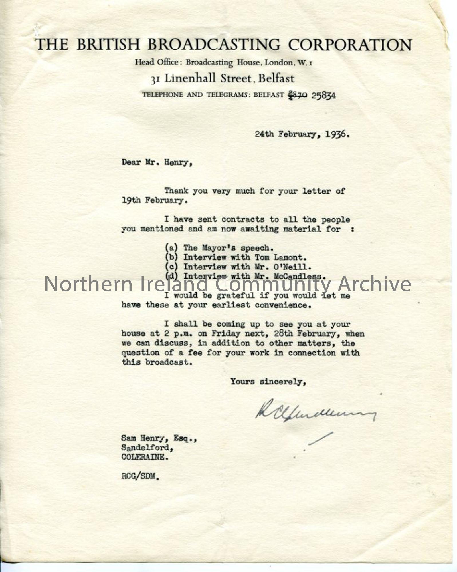 Letter from R C Glendenning, dated 24.2.1936
