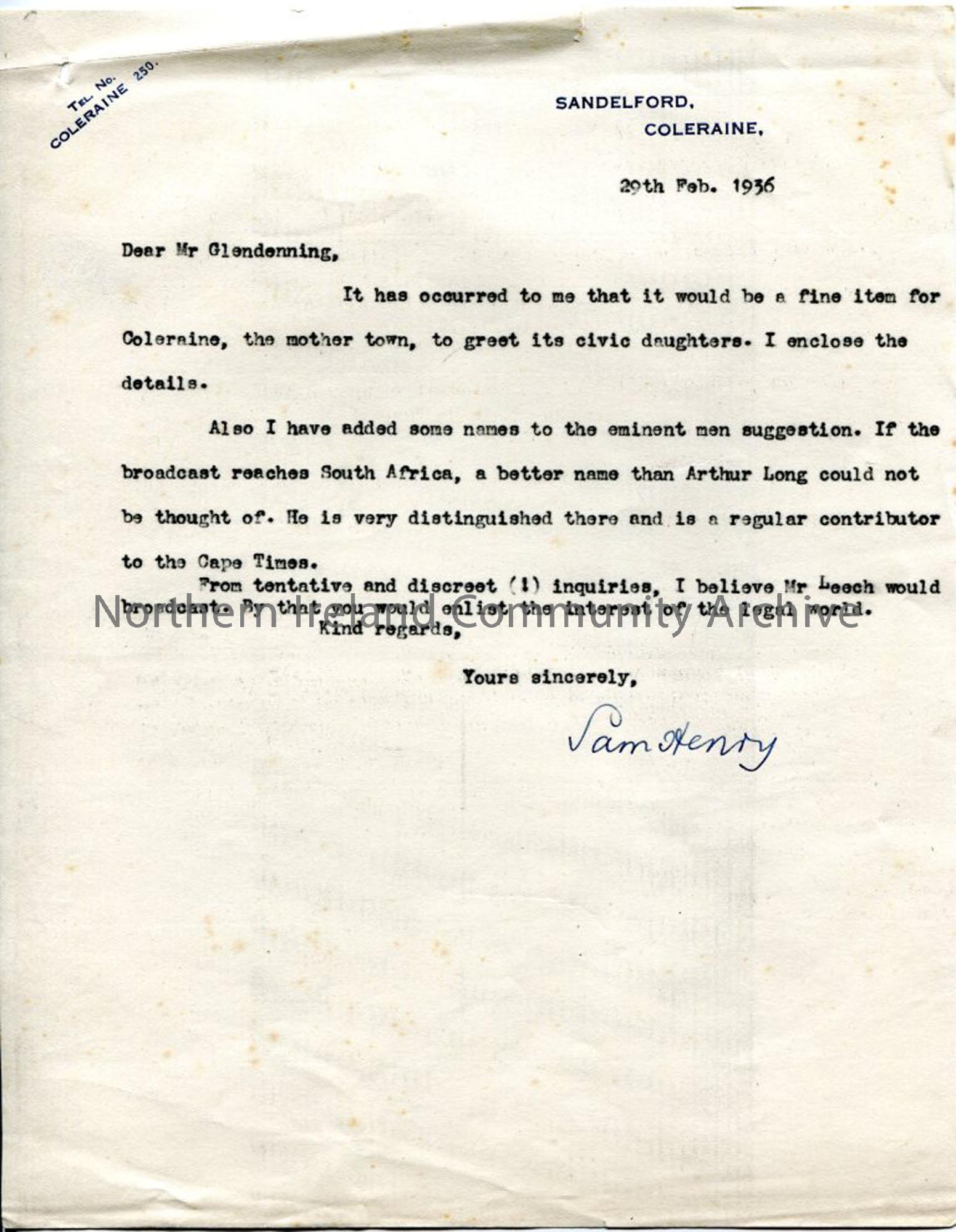 Letter to Mr Glendenning from Sam Henry, dated 29.2.1936