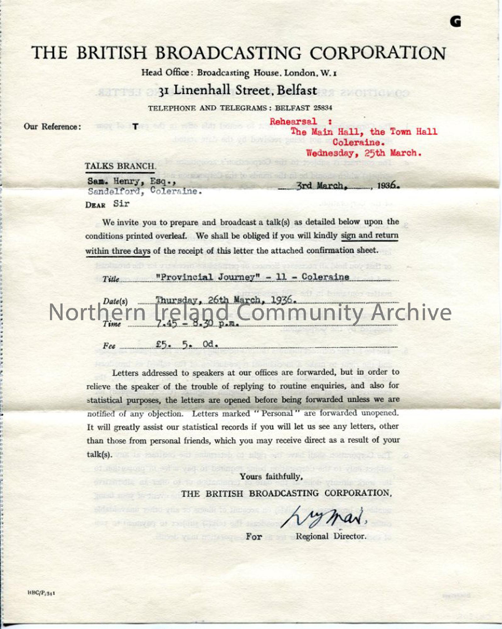 Letter/Contract from the Regional Director of the BBC, dated 3.3.1936