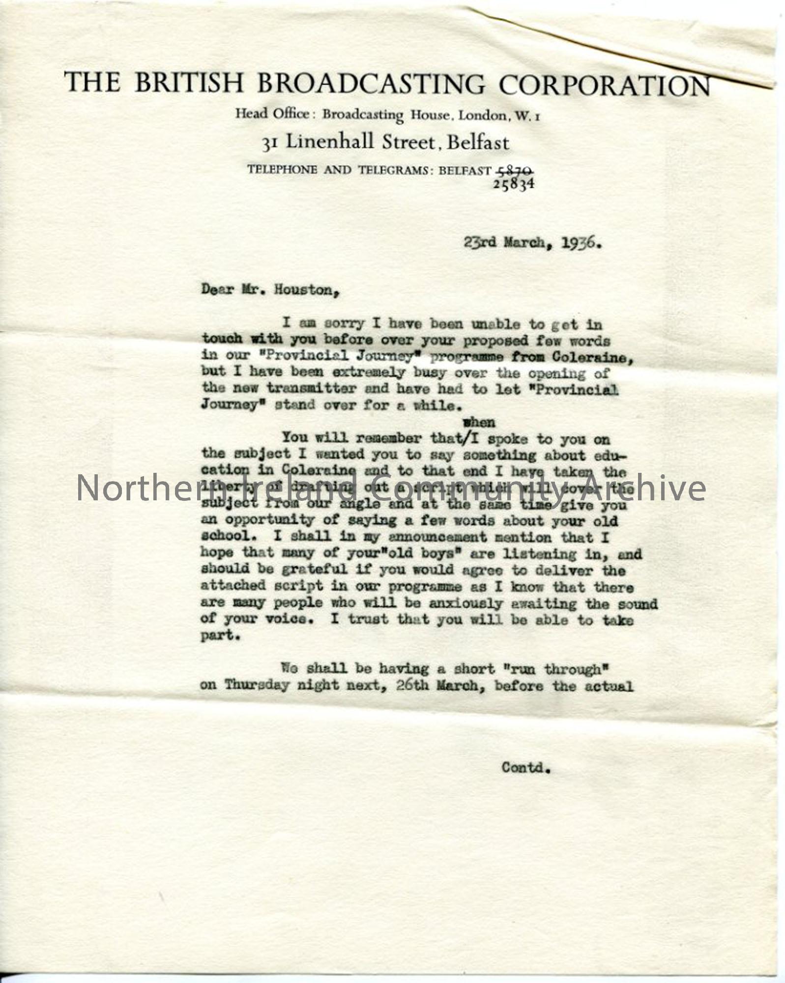 Page 1 of 2 : Letter to Mr T. G. Houston from the BBC, dated 23.3.1936