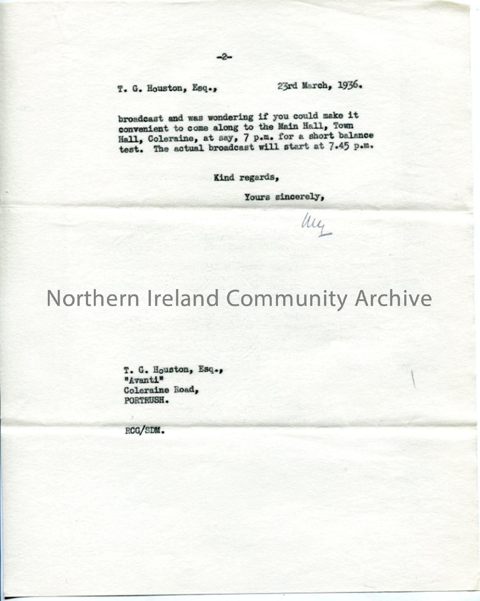 Page 2 of 2 : Letter to Mr T. G. Houston from the BBC, dated 23.3.1936