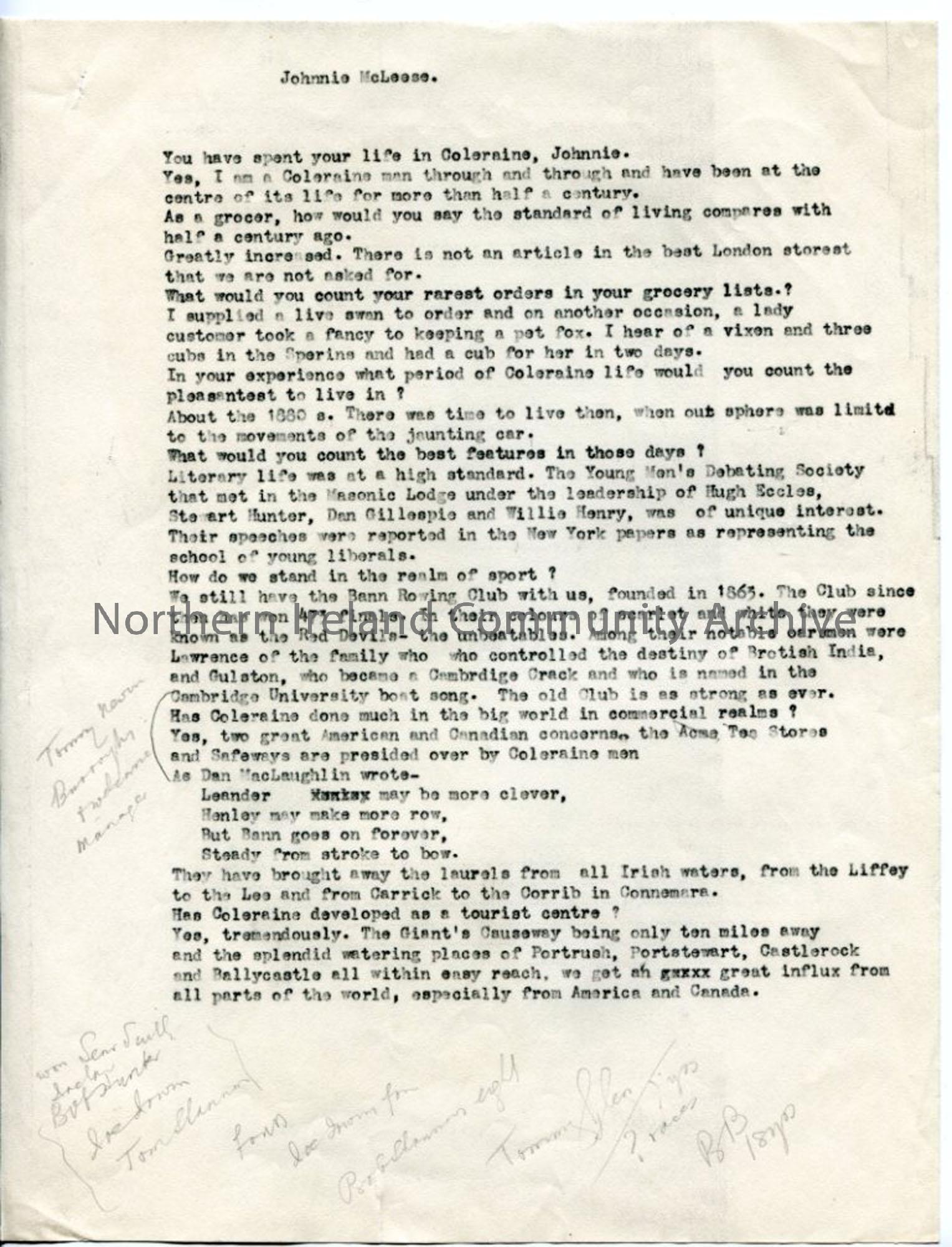 Page 1 of 2 – Part of Script for the ‘Provincial Journey’ Coleraine Broadcast – Johnnie McAleese