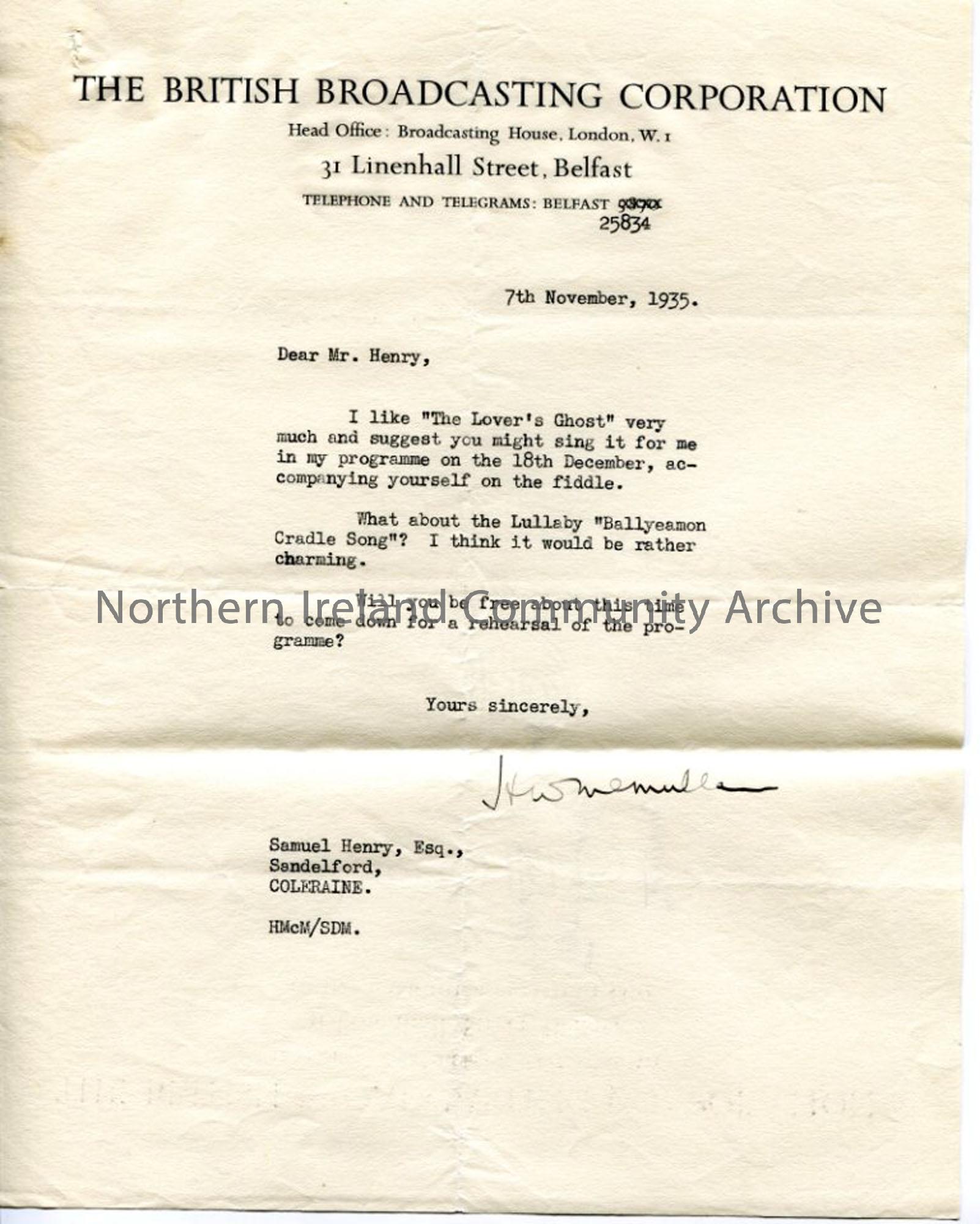 Letter from H W McMullan of the BBC, dated 7.11.1935