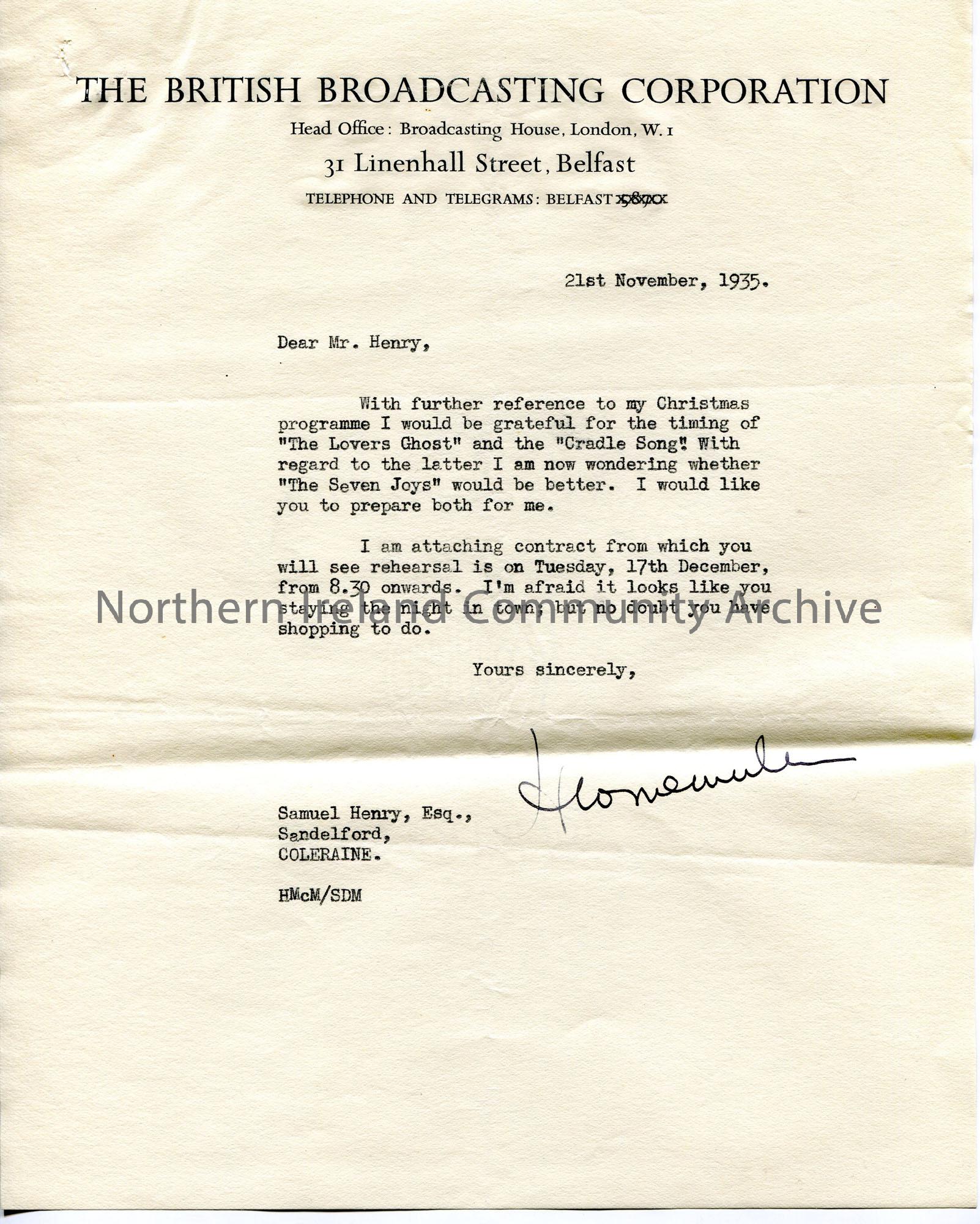 Letter from H W McMullan of the BBC, dated 21.11.1935