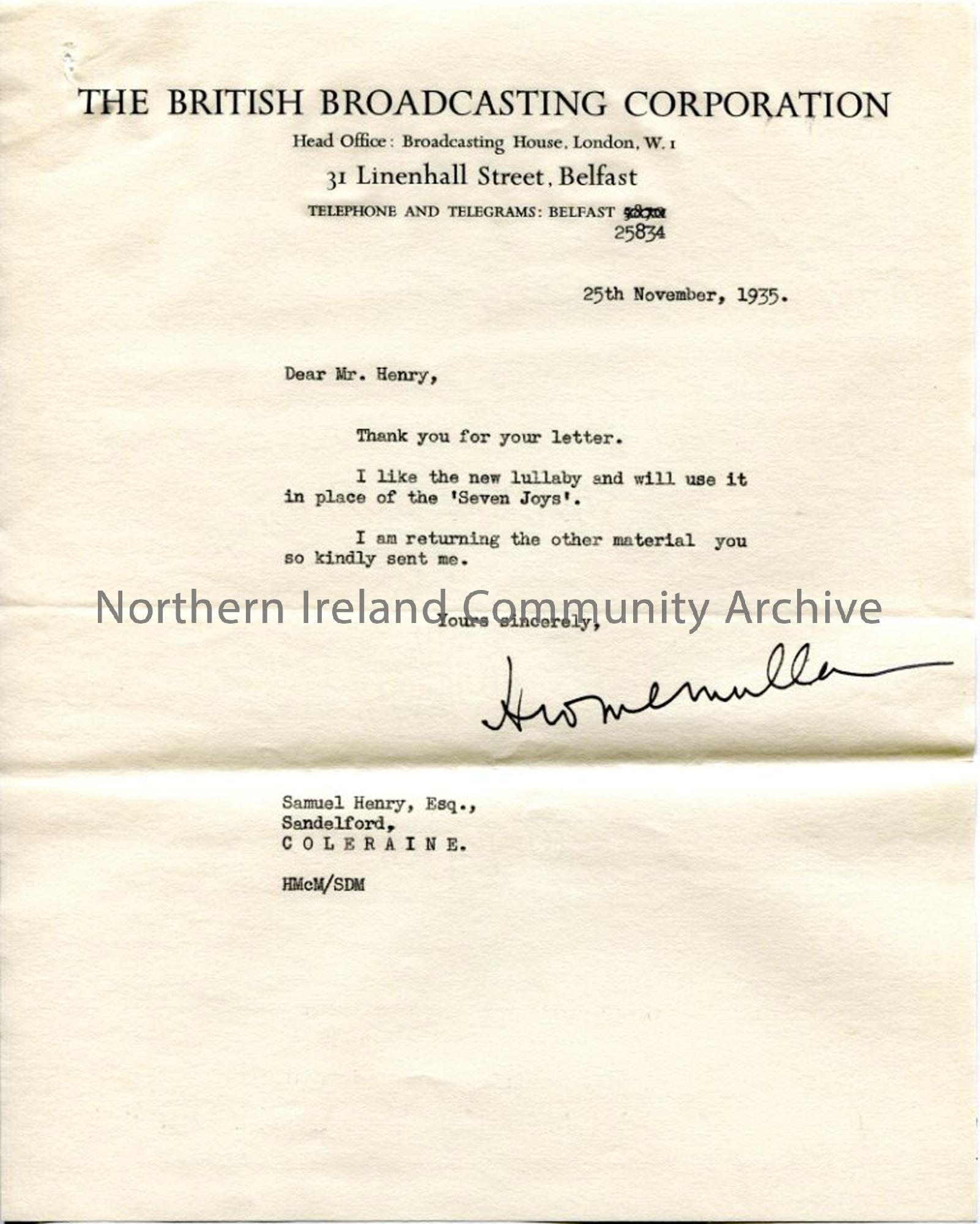 Letter from H W McMullan of the BBC, dated 25.11.1935