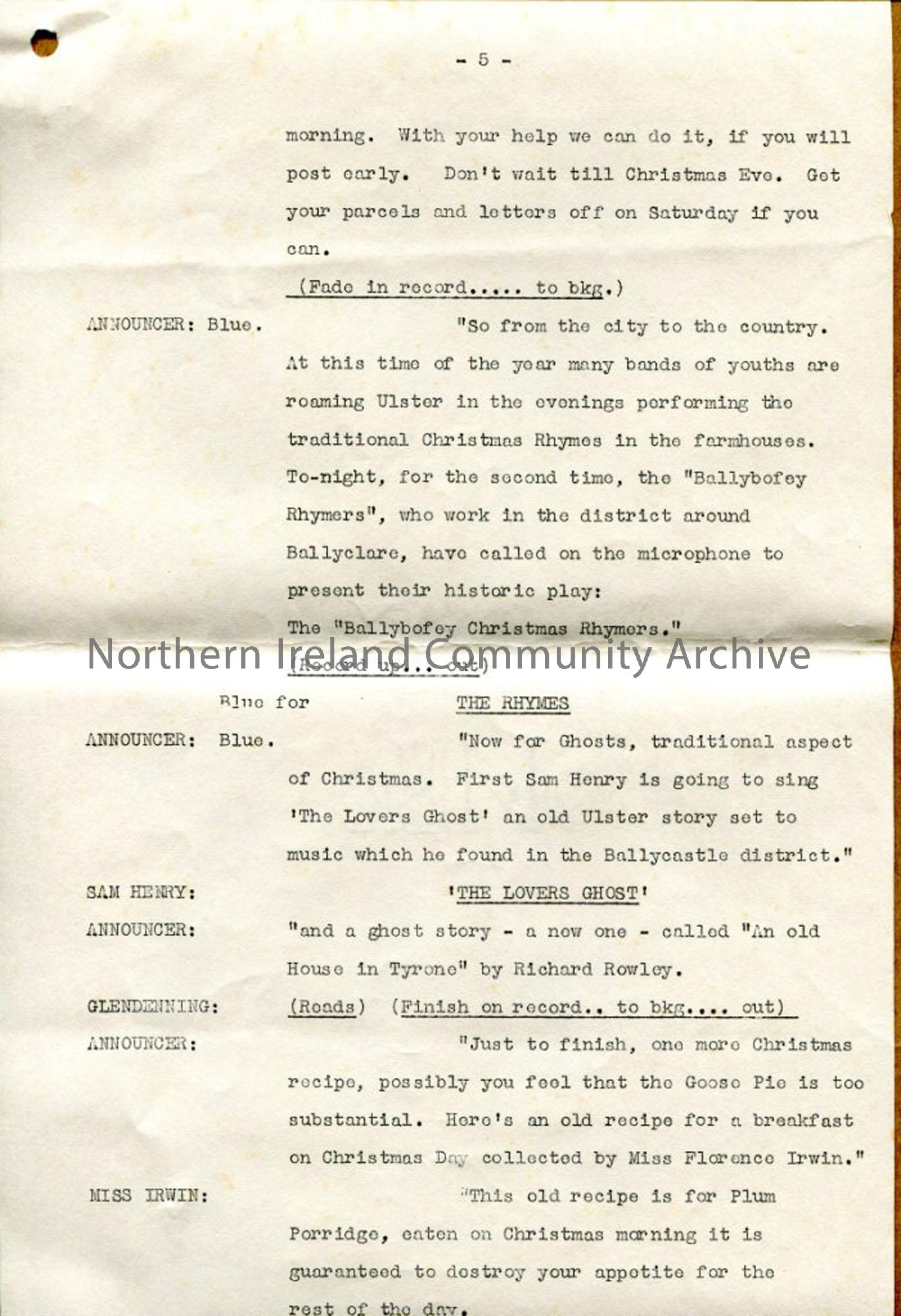 Page 5 of 6 – ‘Seasonal Fare’ for the ‘Ulster Christmas’ Programme